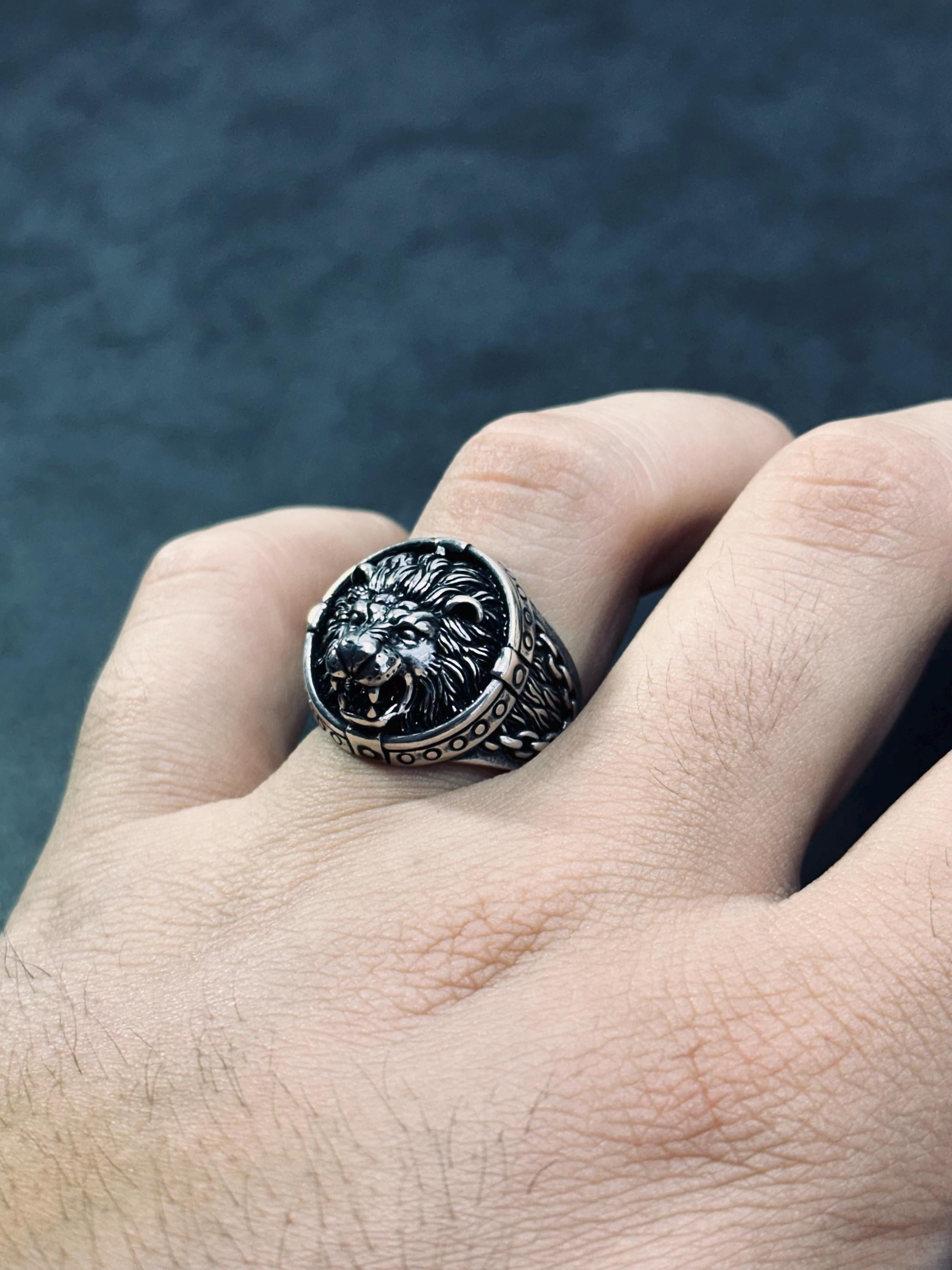 Sterling Silver Lion Ring, Handmade Oxidized Design (Men's Size)