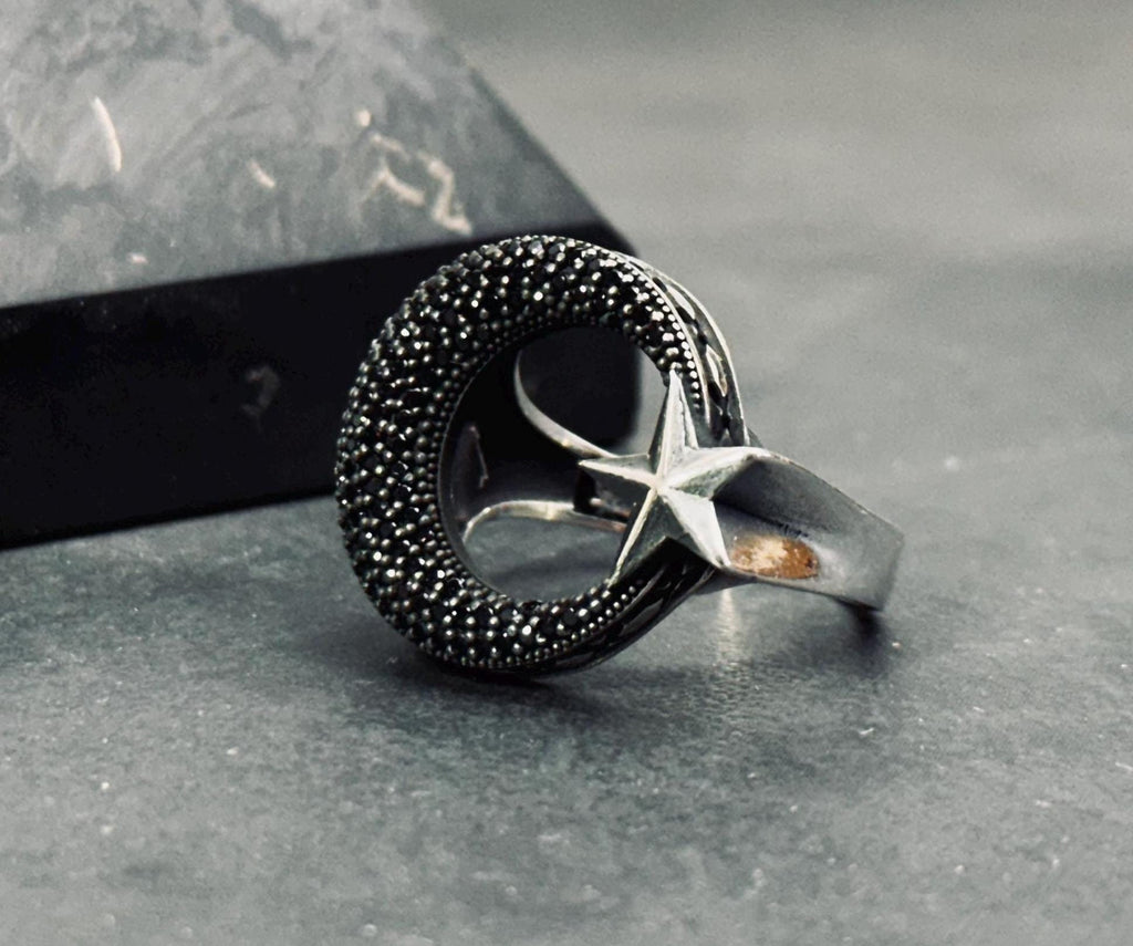 Moon Star Ring: Sterling Silver Handmade - Celestial Design