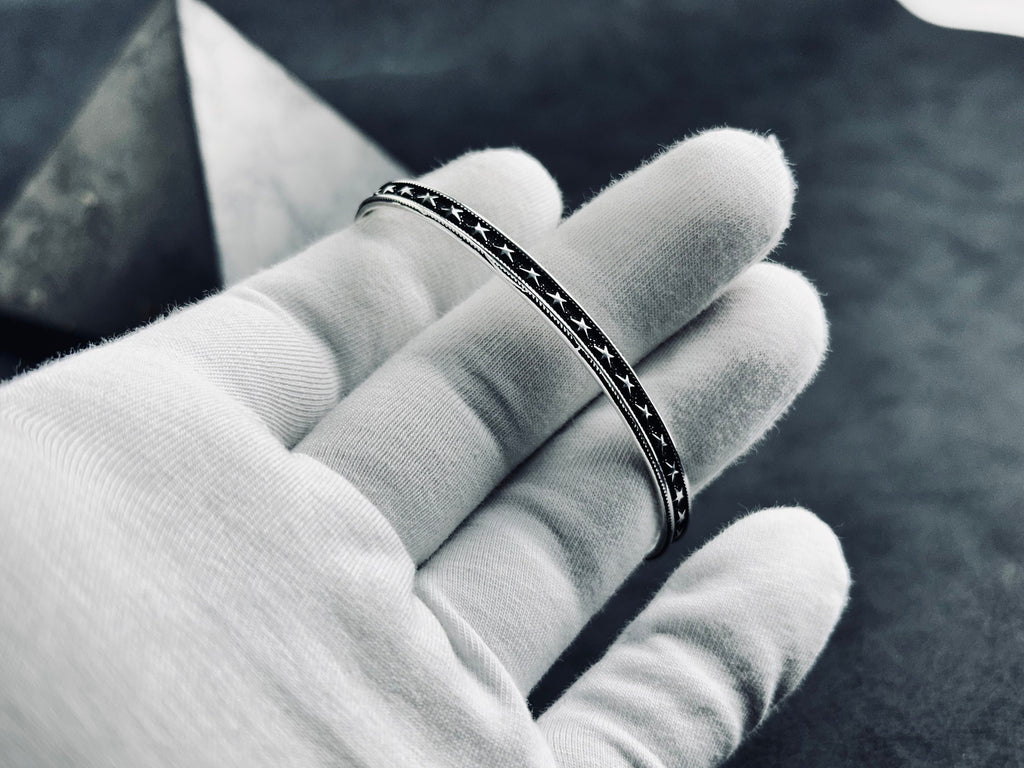 Star Embroidered Silver Bangle: Handmade Adjustable Sterling Cuff