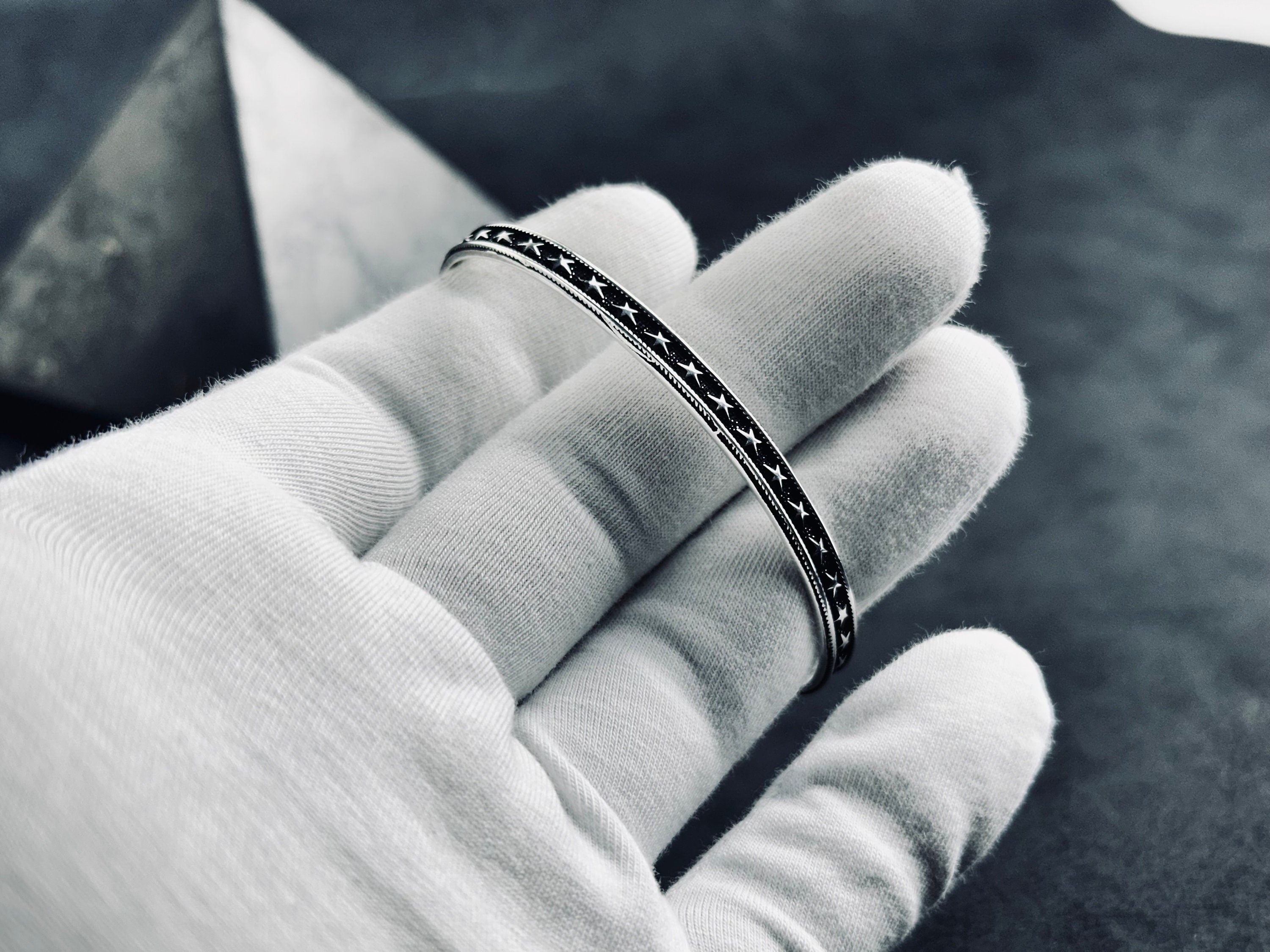 Star Embroidered Silver Bangle: Handmade Adjustable Sterling Cuff