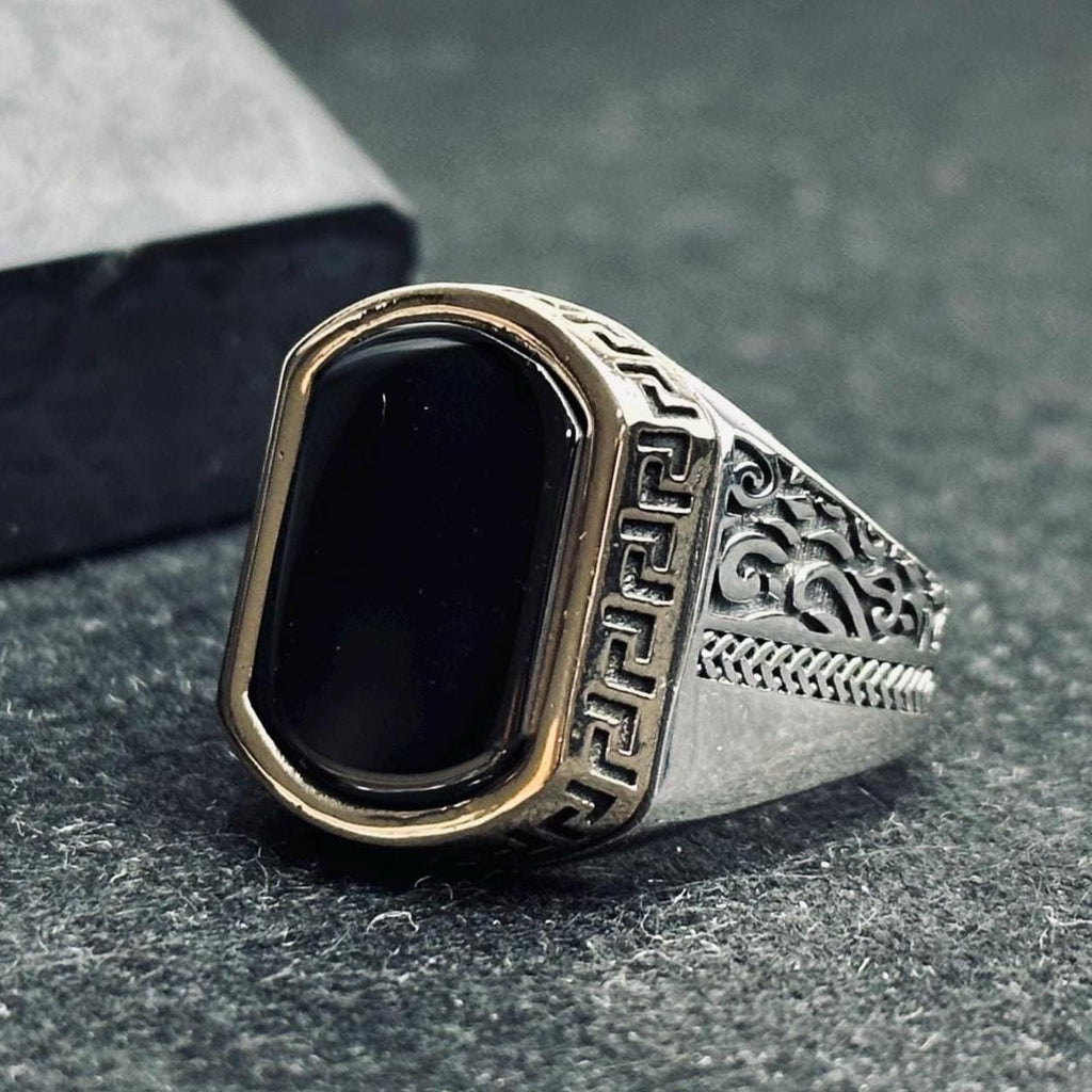 Ottoman Black Onyx Ring: Crescent Star, 925 Sterling Silver