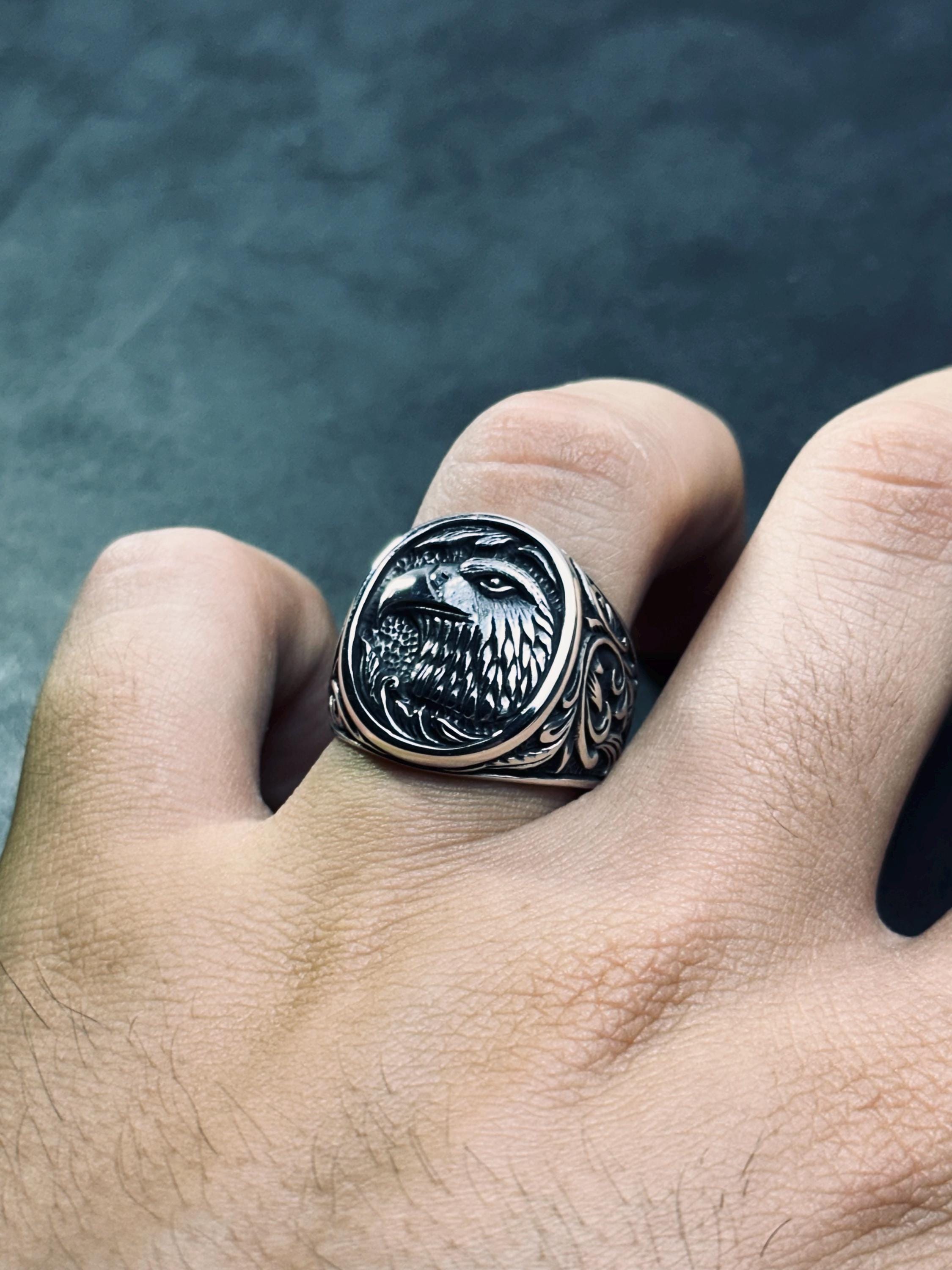 Nordic Eagle Sterling Silver Ring, Oxidized Handmade (Men's Size)