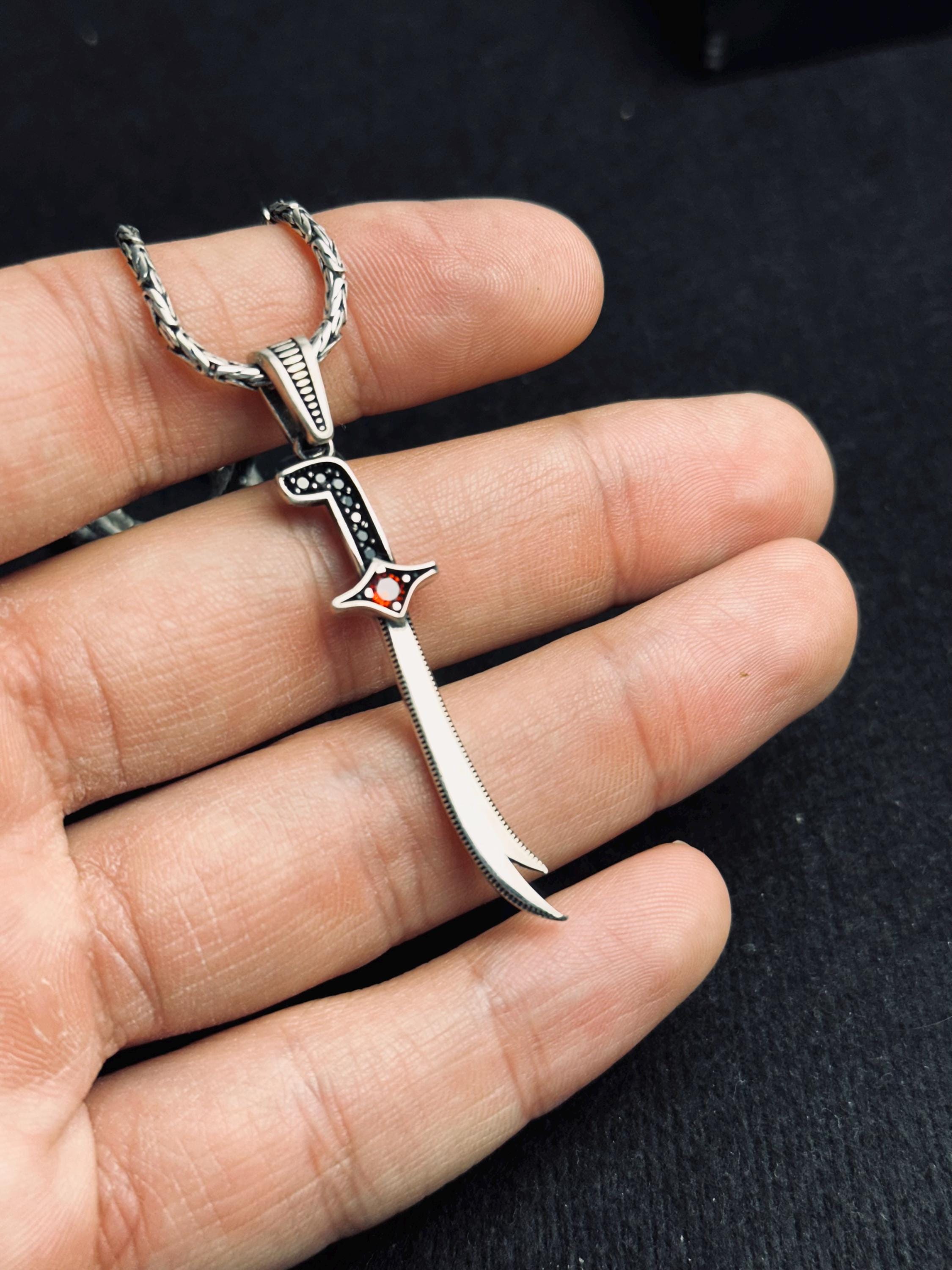 Silver Zulfiqar Sword Necklace: Islamic Design (Handmade, Zircon Accent)