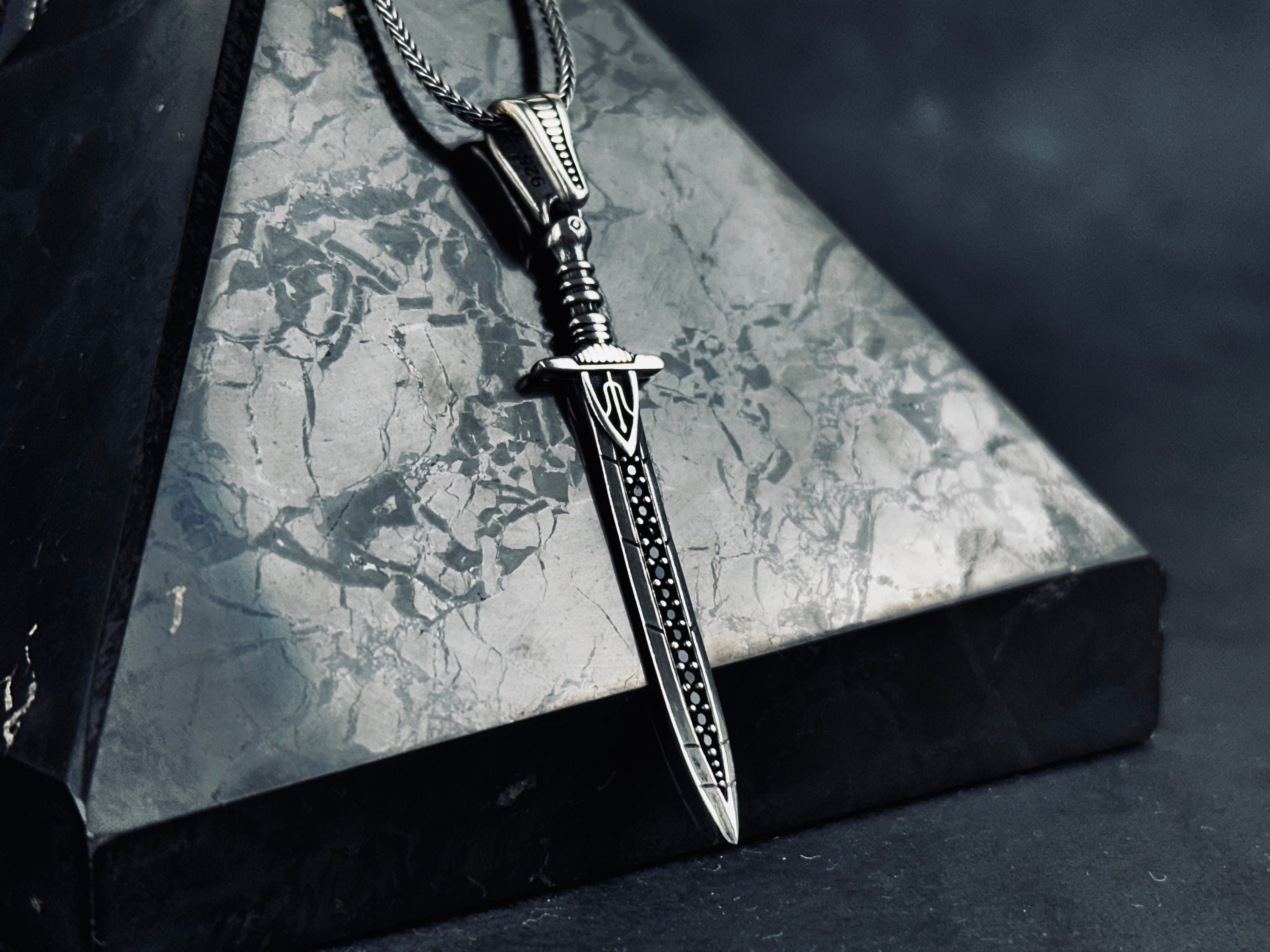 Viking Sword Necklace: Silver Pendant with Zircon Stones