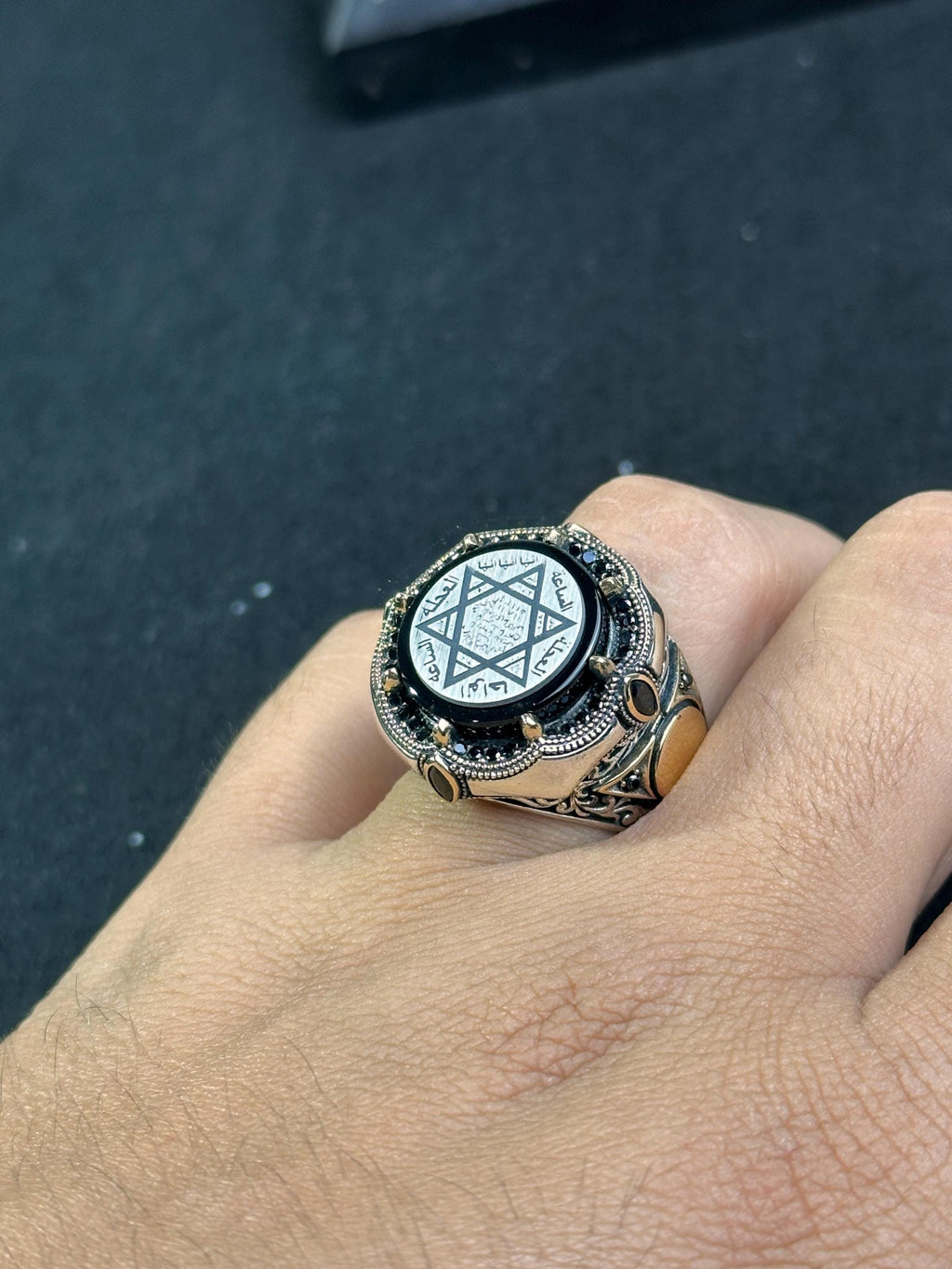Engraved Seal of Solomon Ring: Amber, Sterling Silver (Men's Signet)