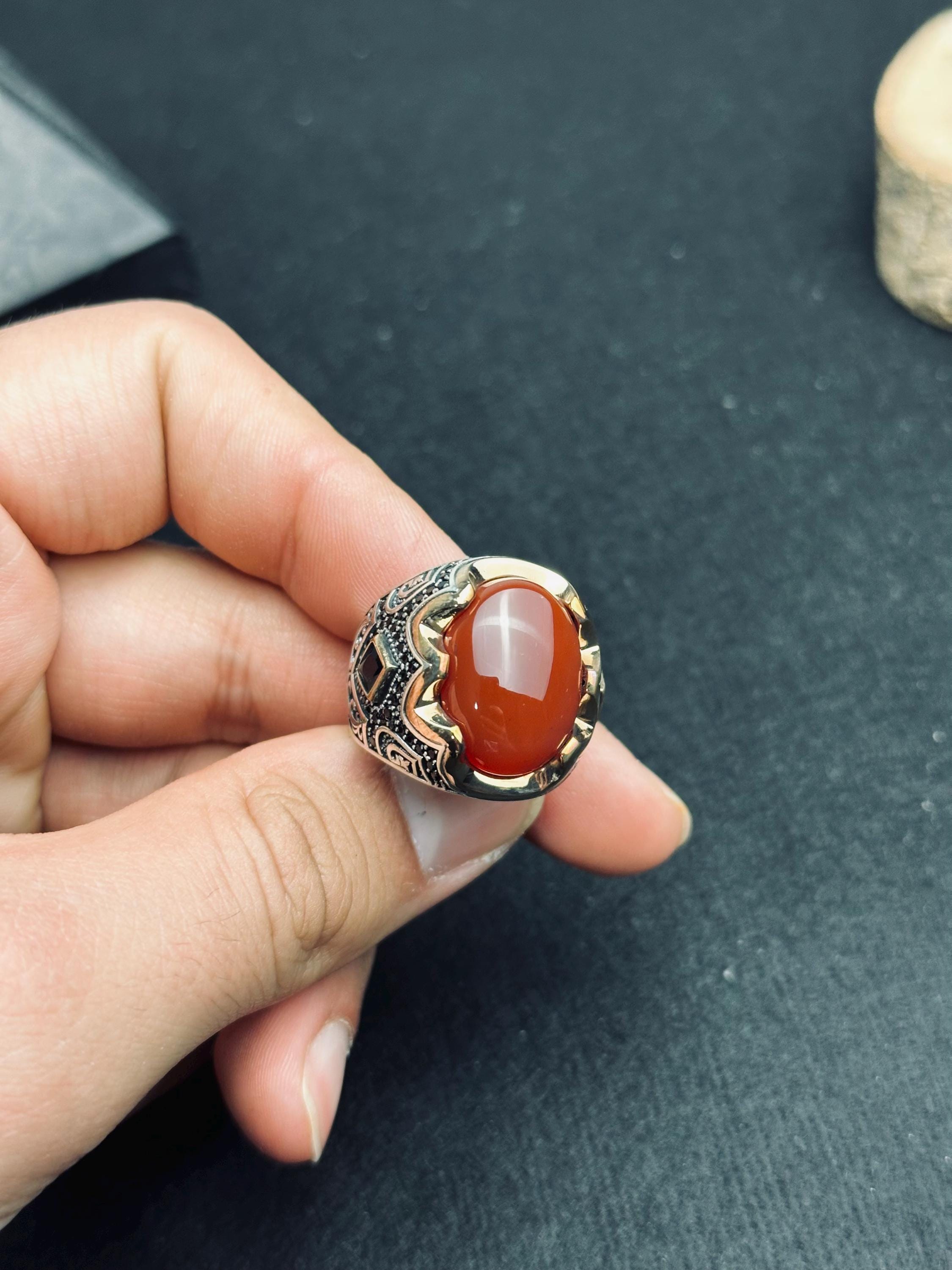 Red Yemeni Aqeeq Ring: Oval Agate Stone, Sterling Silver