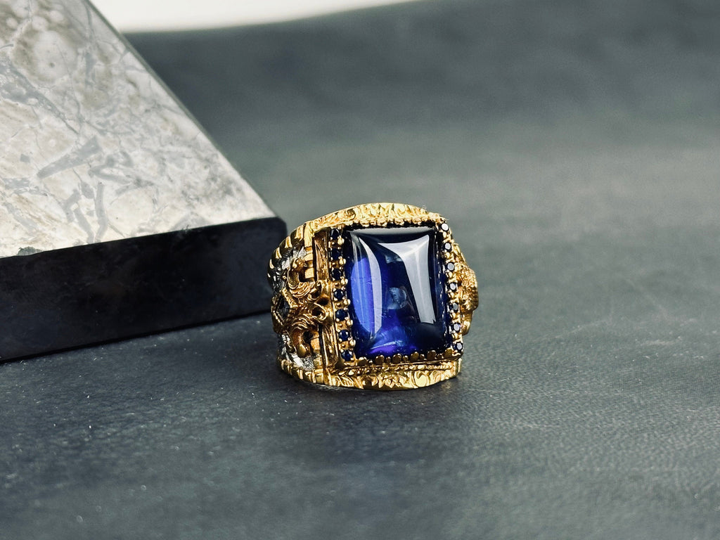 Handmade Silver Cross Ring, Blue Zirconium Square Stone (Men's Sizes)