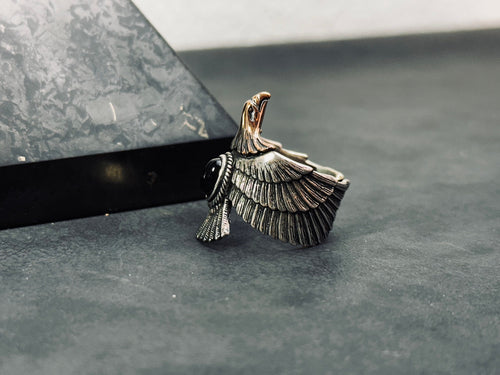 Eagle Ring: Onyx Stone, Sterling Silver - Adjustable Oxidized Finish