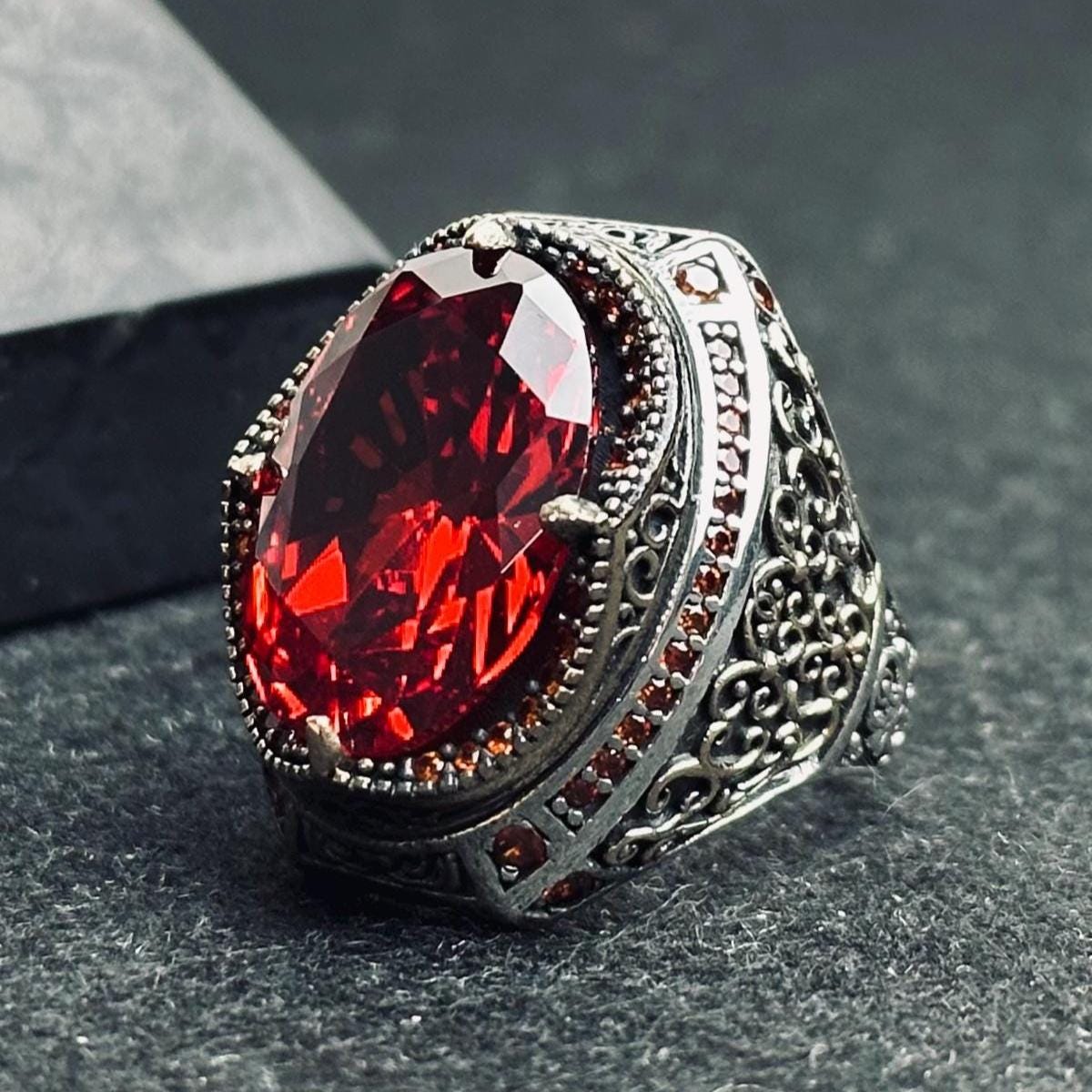 Oval Ruby Men's Ring: Handmade Sterling Silver, Turkish Ottoman Style