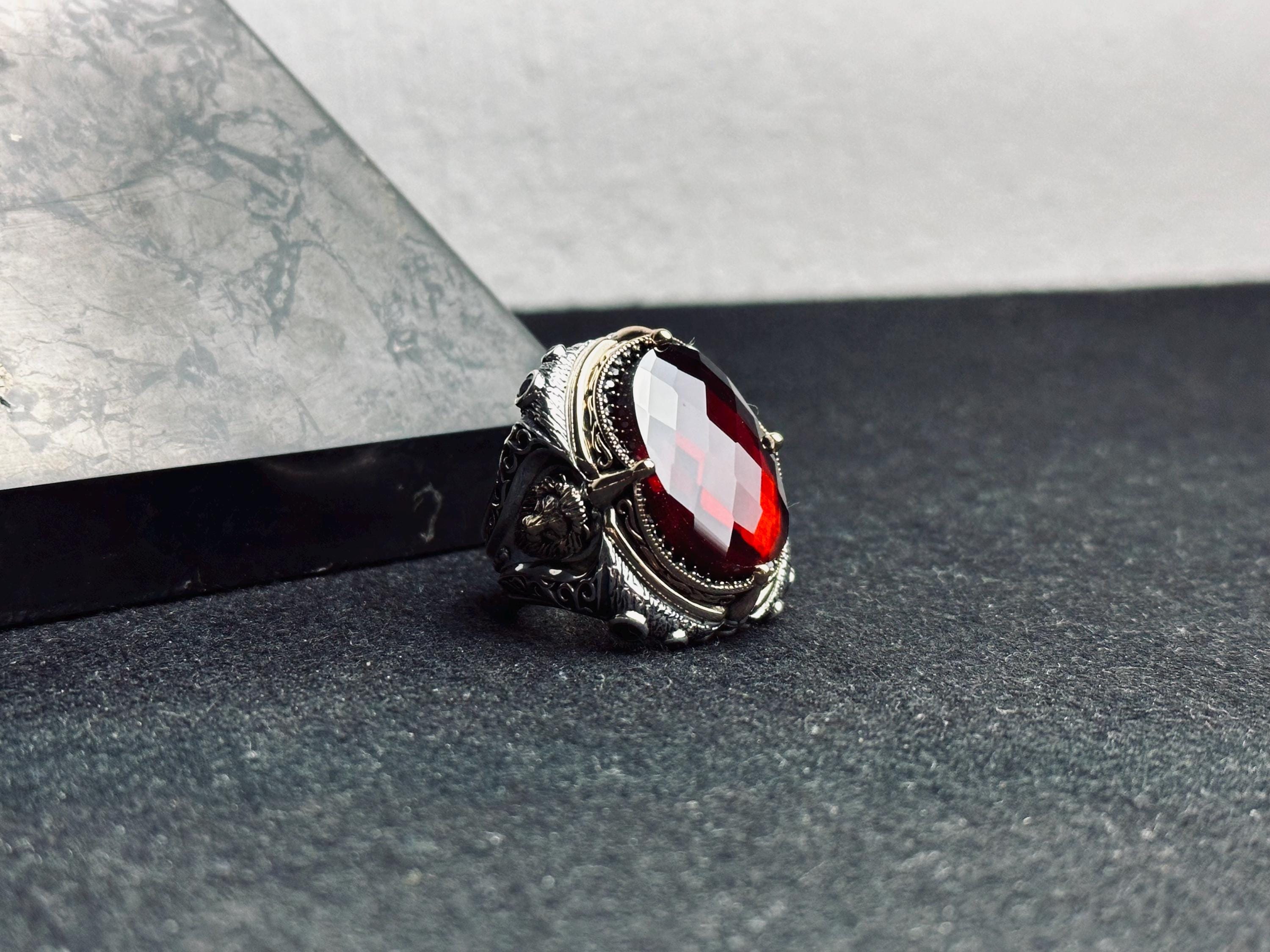 Lion Head Statement Ring: Sterling Silver with Red Gemstone