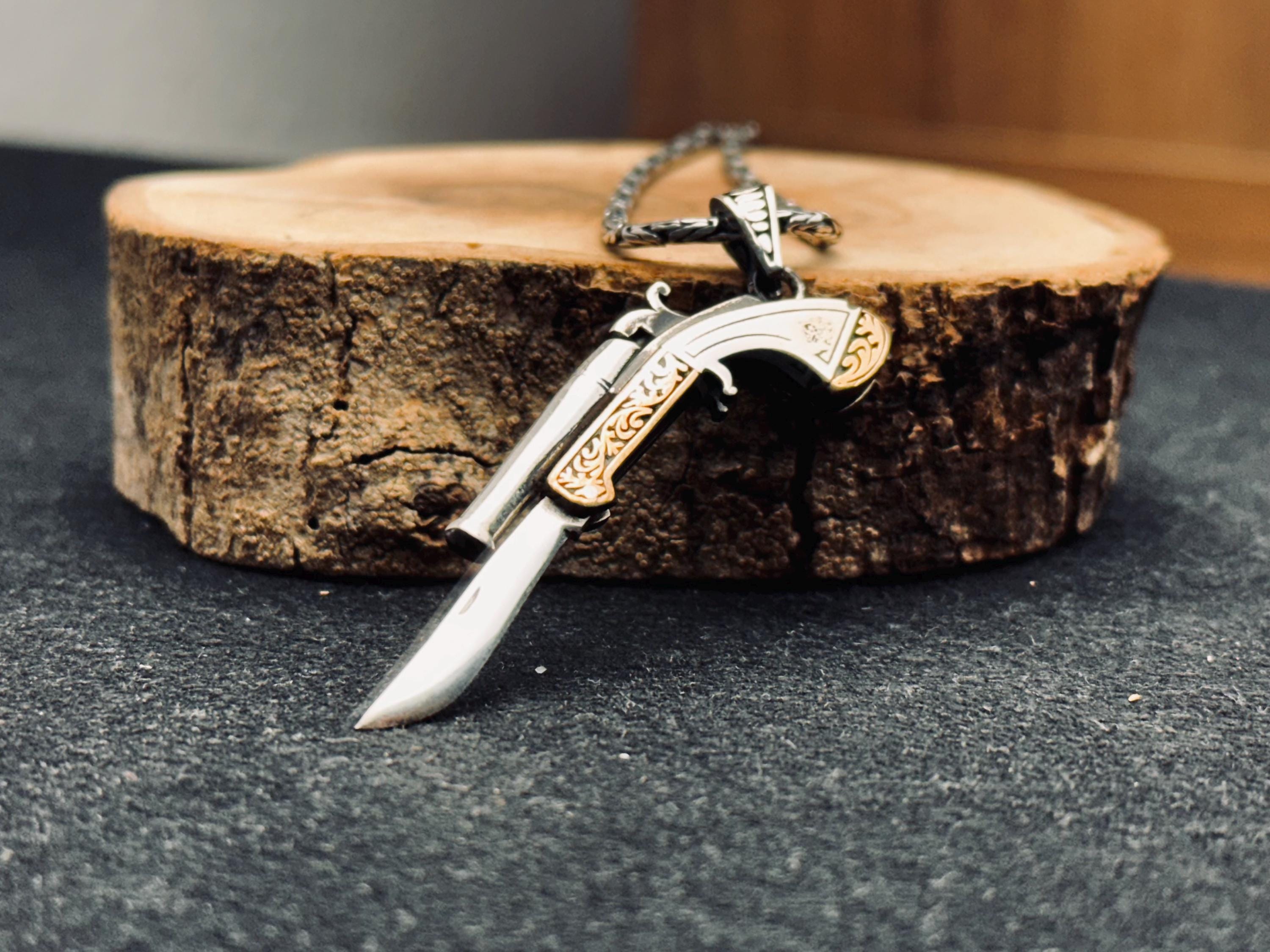 Sterling Silver Revolver Necklace - Cowboy Pistol with Folding Knife Charm