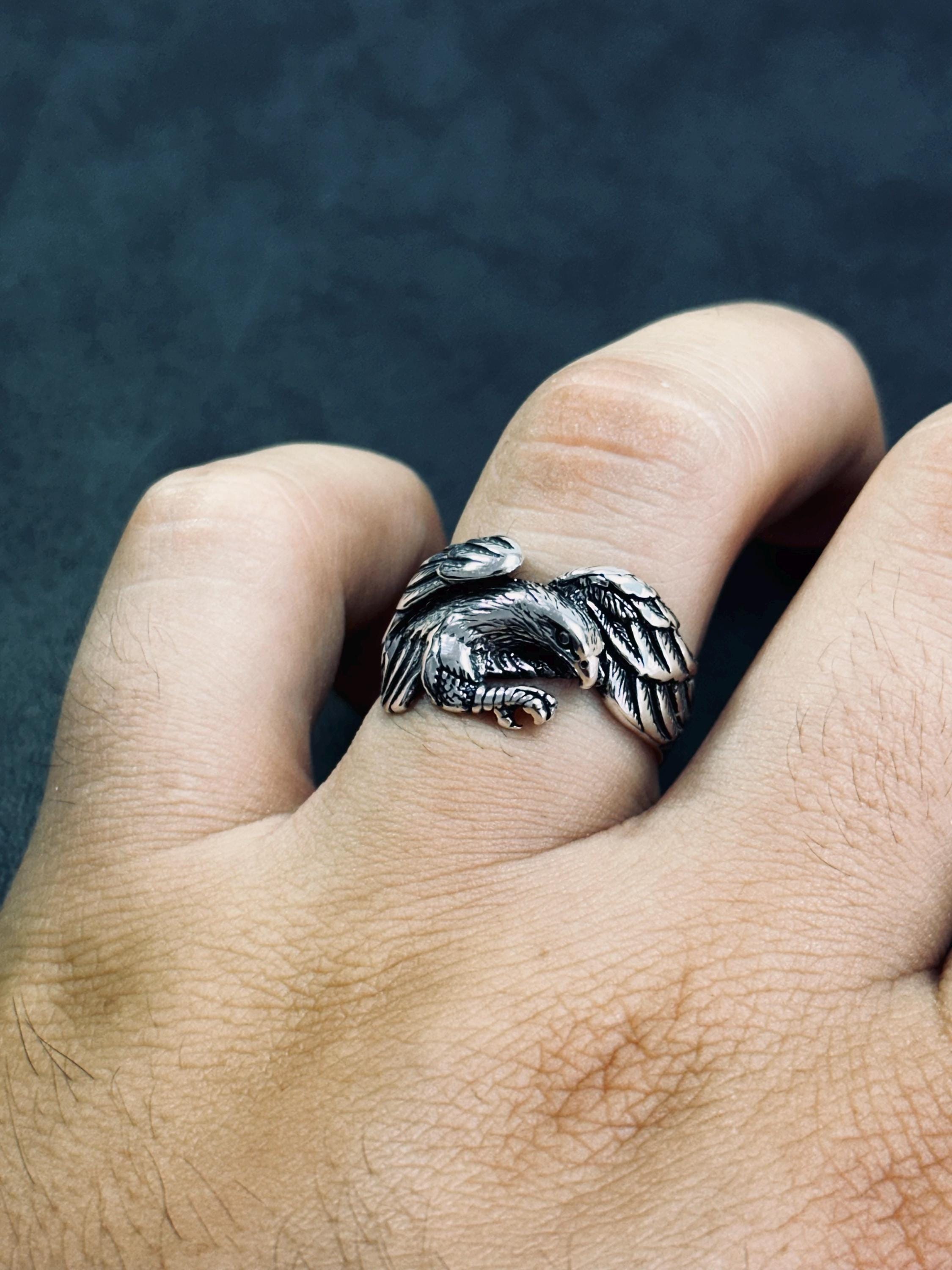 Boho Sterling Silver Eagle Ring, Adjustable Band (Unisex)