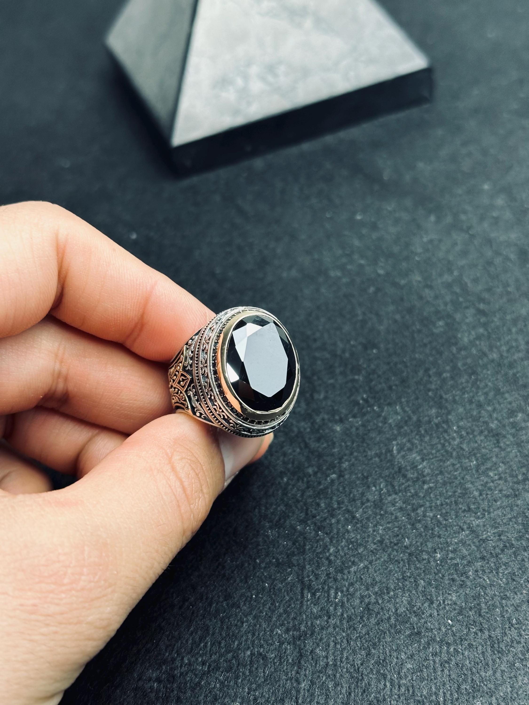Black Zircon Men's Ring - Handmade Turkish Sterling Silver