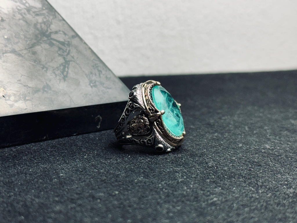 Blue Paraiba Lion Head Ring - Sterling Silver Handmade Men's Statement