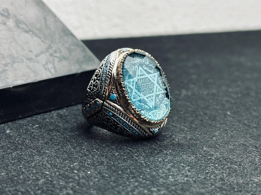 Aquamarine Silver Ring: Handmade Turkish Solomon Seal Design