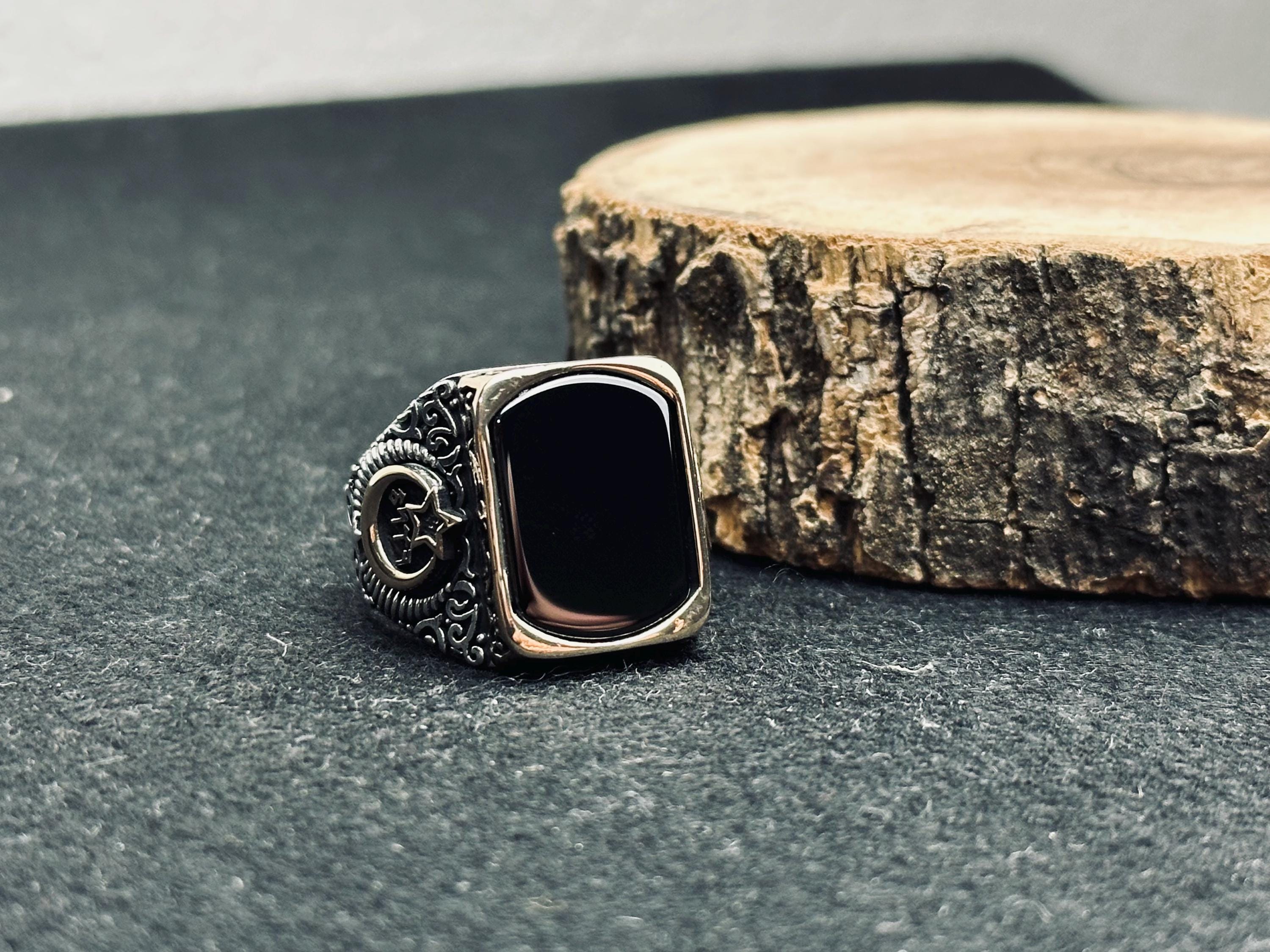Men's Onyx Ring: Square Ottoman Design - Sterling Silver