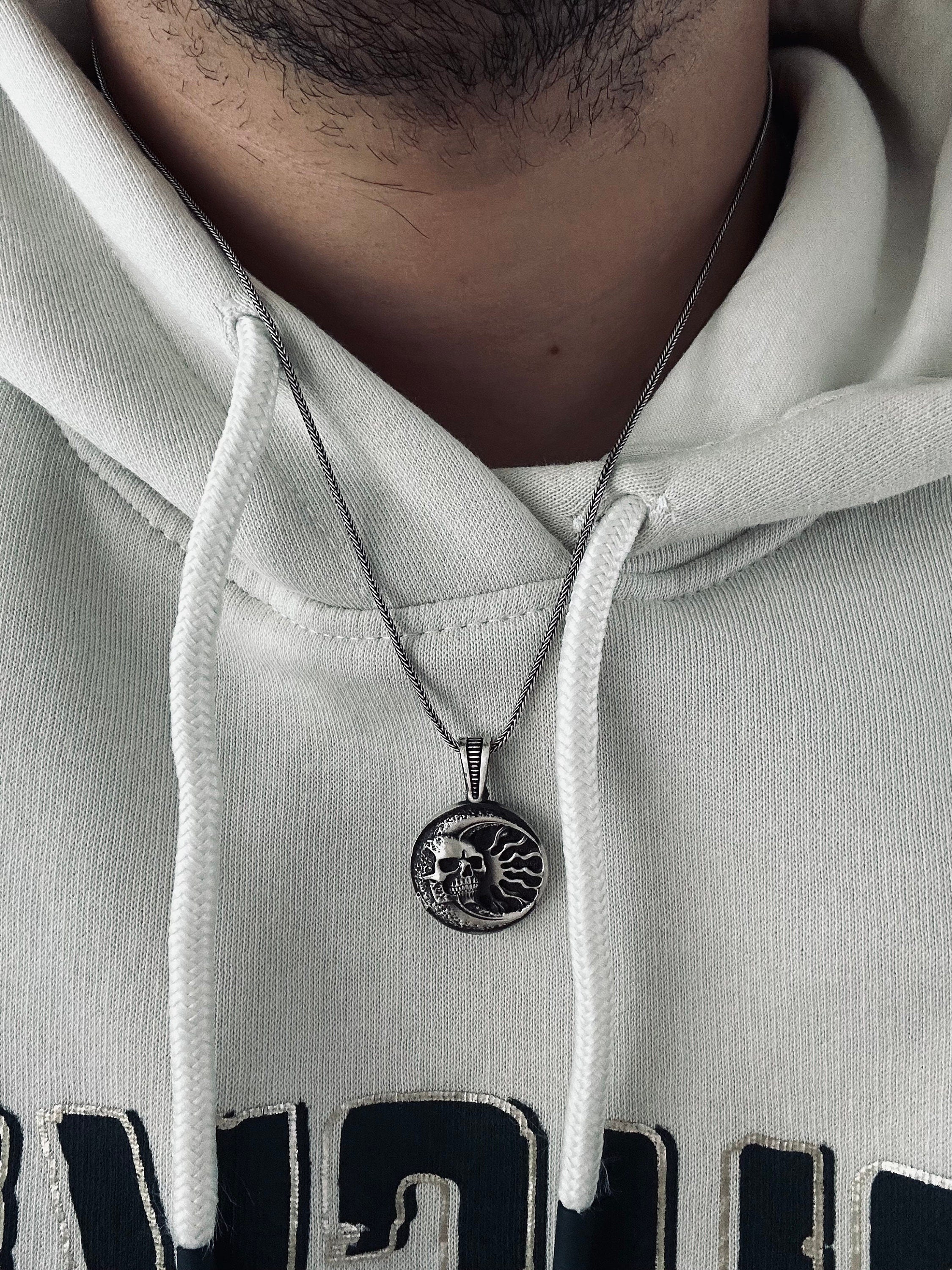 Silver Skull Moon Necklace: Gothic Jewelry (Pendant with Chain)
