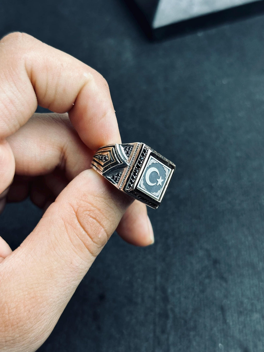 Square Signet Ring: Moon and Star Design (Sterling Silver Handmade)