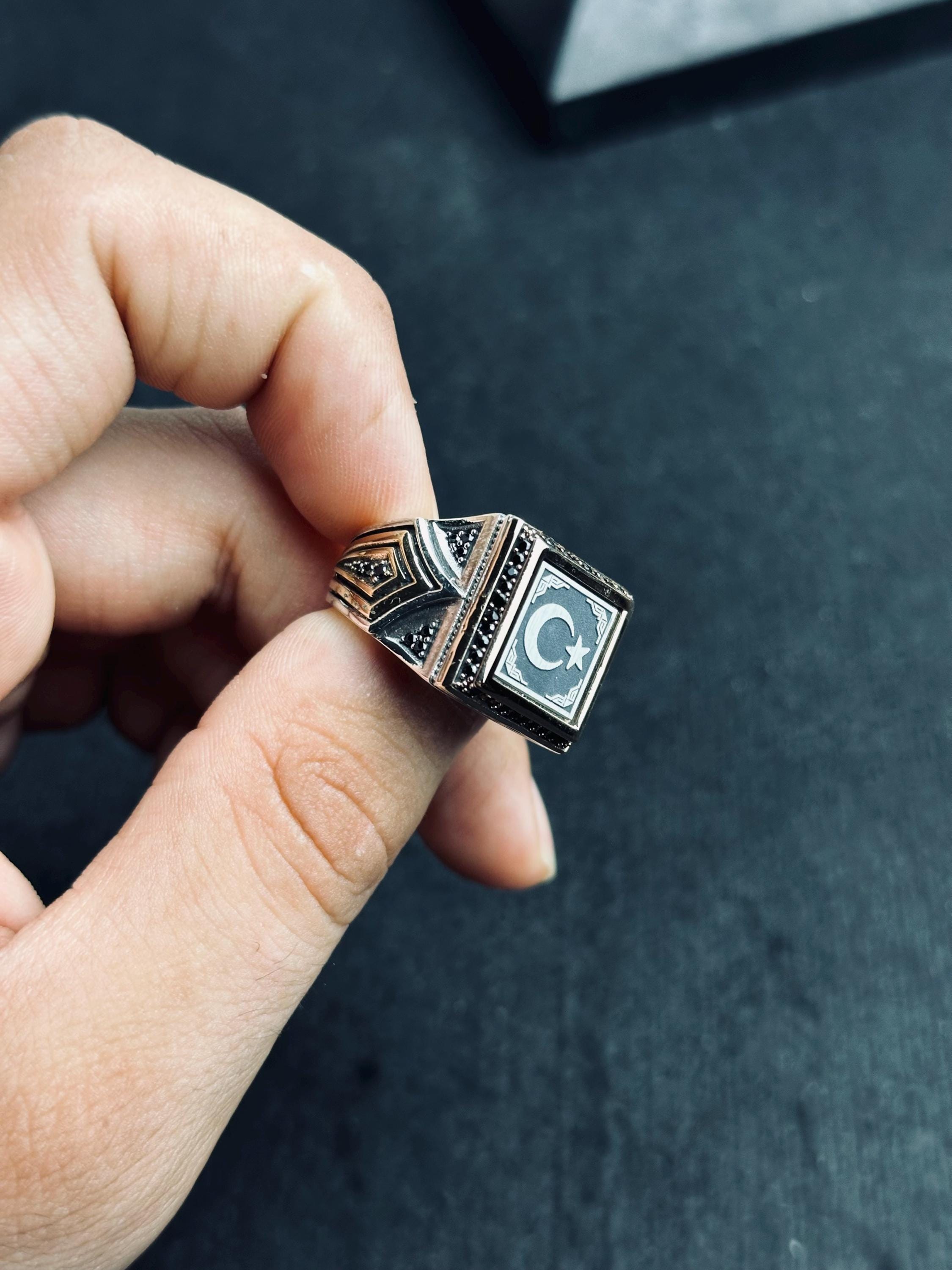 Square Signet Ring: Moon and Star Design (Sterling Silver Handmade)
