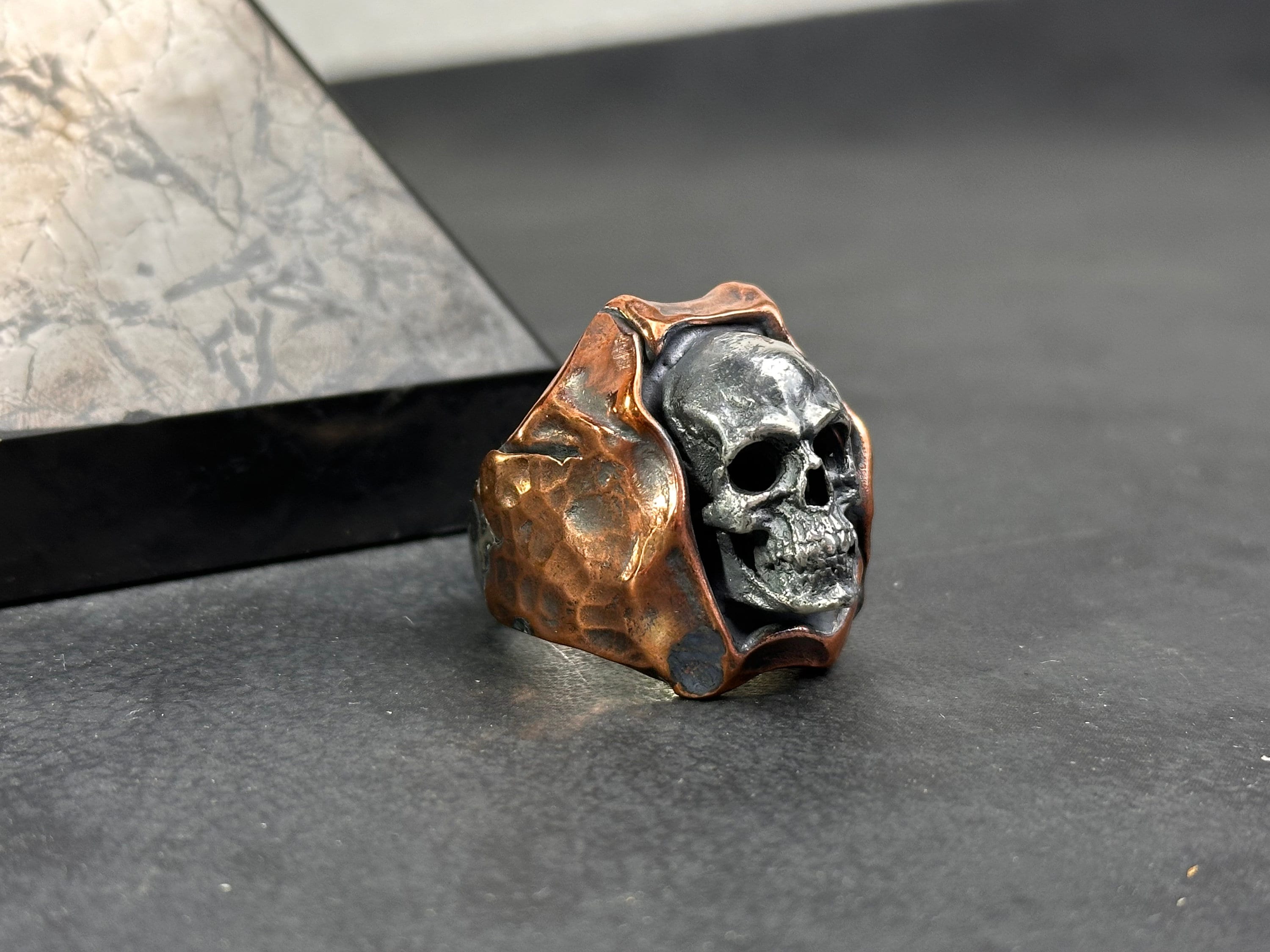Handmade Skull Ring: Oxidized Sterling Silver (Medieval Biker Style)