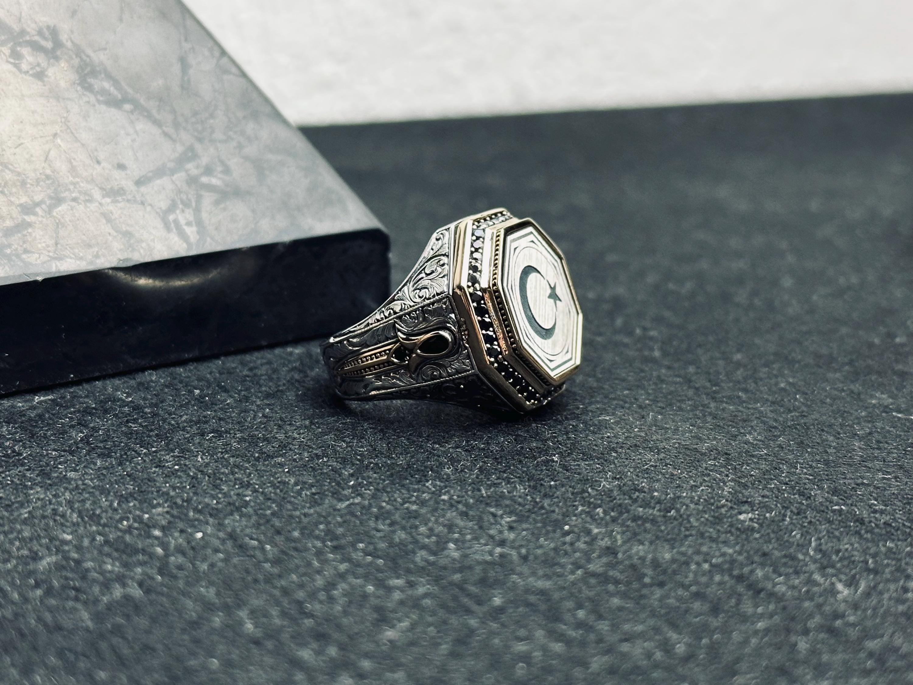 Turkish Silver Crescent-Star Ring, Ottoman Embossed (Handmade 925 Sterling)