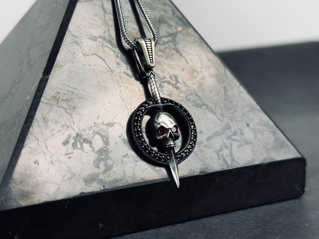 Goth Sterling Silver Skull Necklace, Chunky Chain (Layered Look)