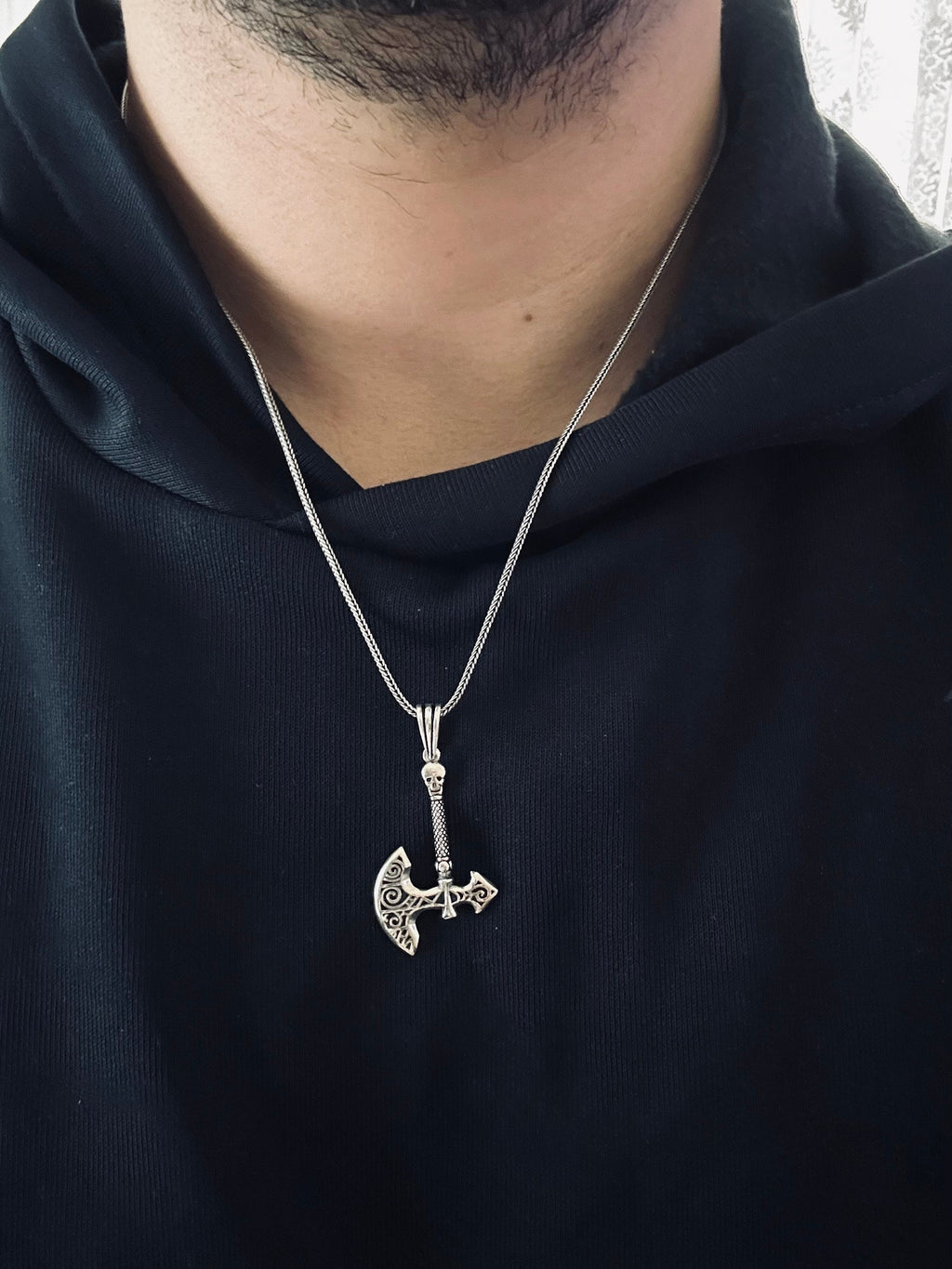 Silver Axe & Skull Necklace: Edgy Gothic Pendant