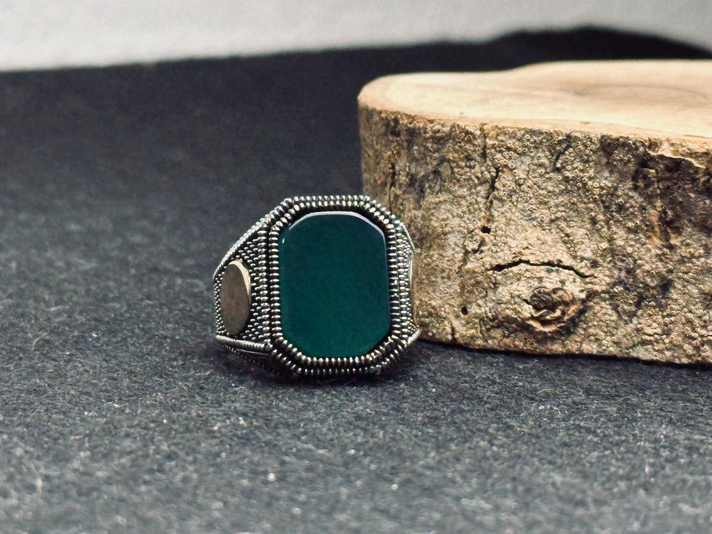 Green Agate Ring for Men: Handmade Sterling Silver Leaf Band