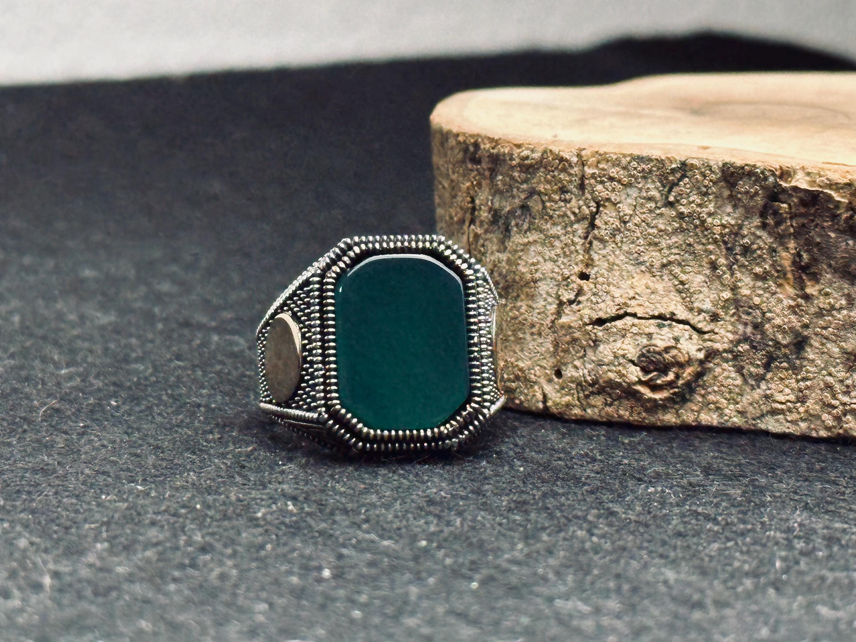 Green Agate Ring for Men: Handmade Sterling Silver Leaf Band