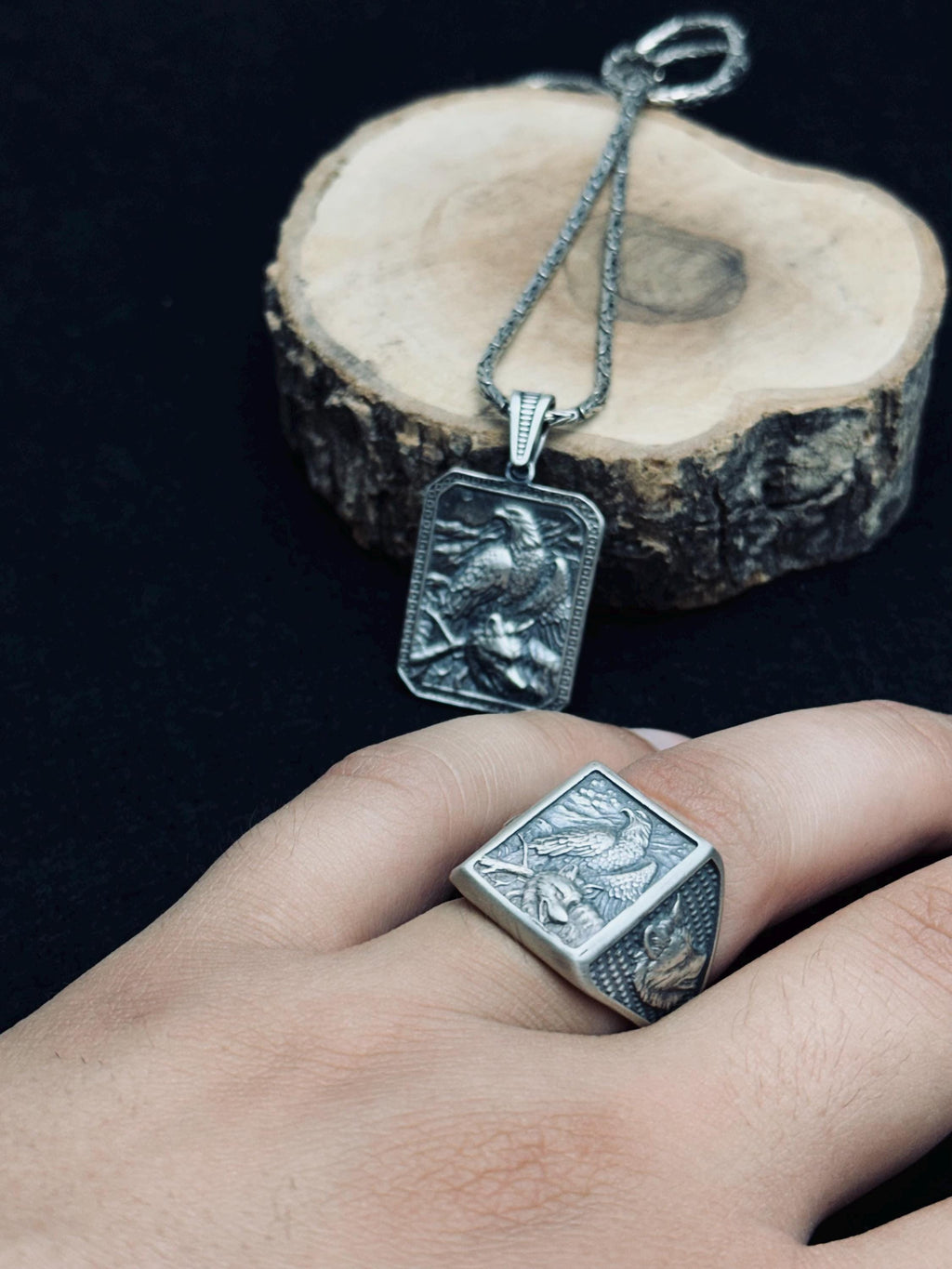 Sterling Silver Eagle Jewelry Set: Handmade Necklace and Ring