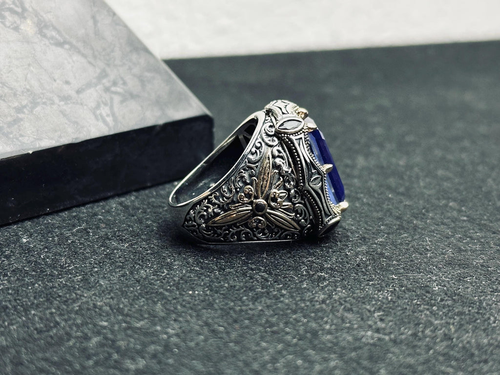 Blue CZ Men's Ring: Handmade Sterling Silver, Turkish Statement