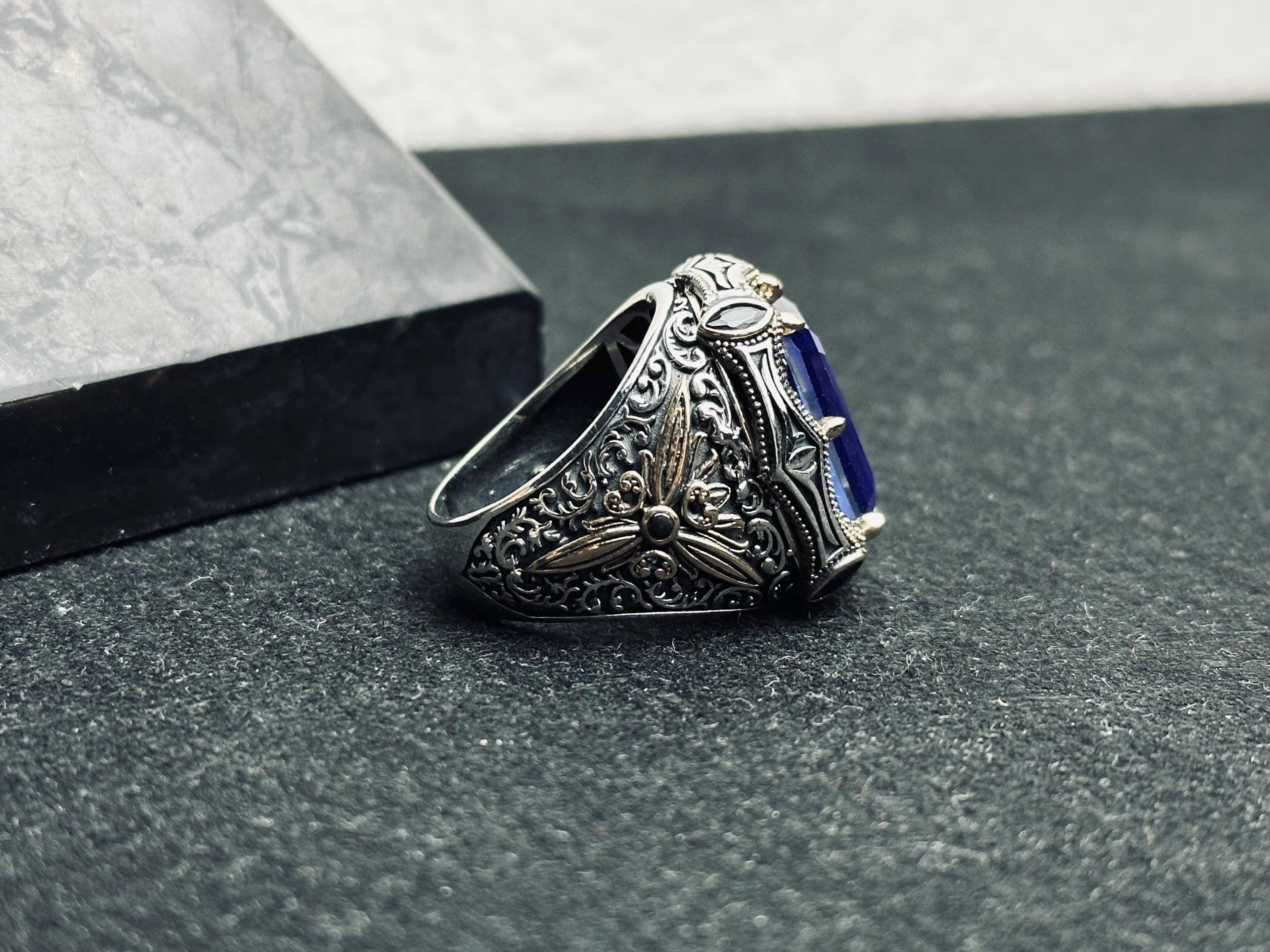 Blue CZ Men's Ring: Handmade Sterling Silver, Turkish Statement