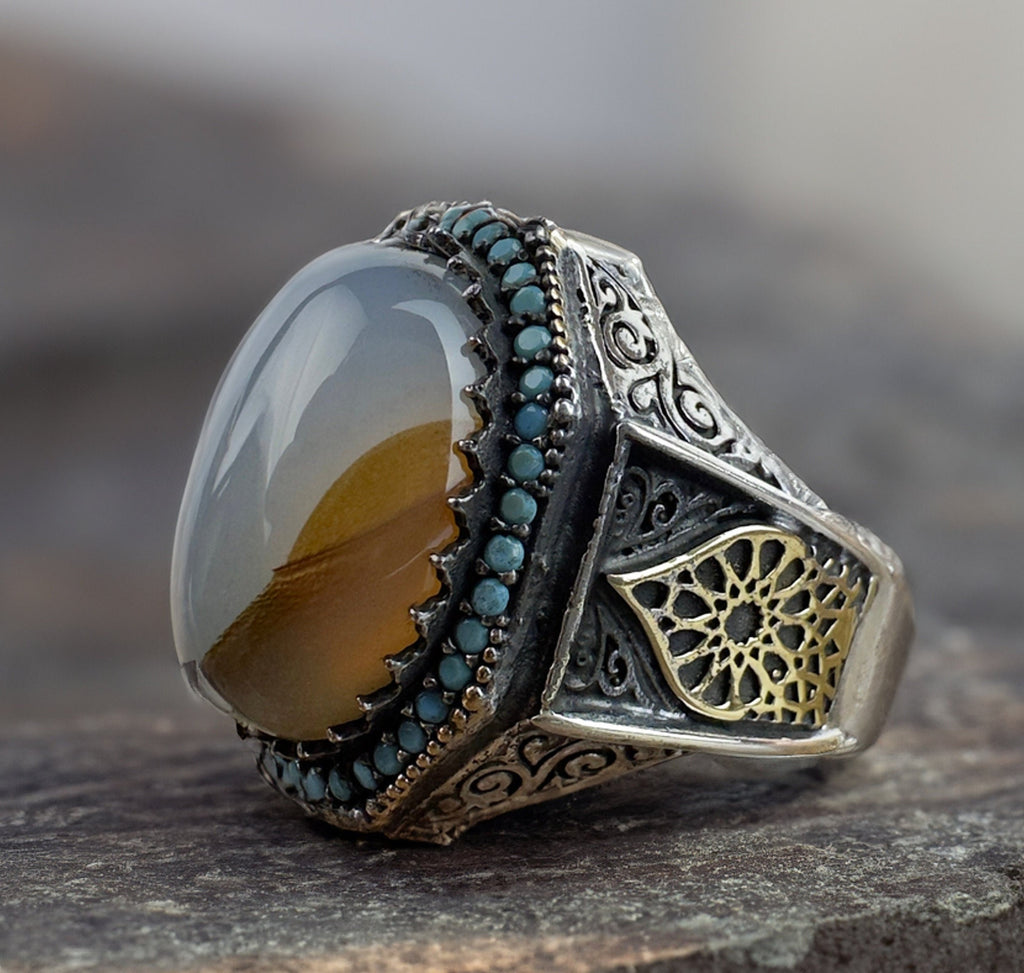 Yemenni Aqeeq Silver Ring - Handmade Men's Gemstone Jewelry
