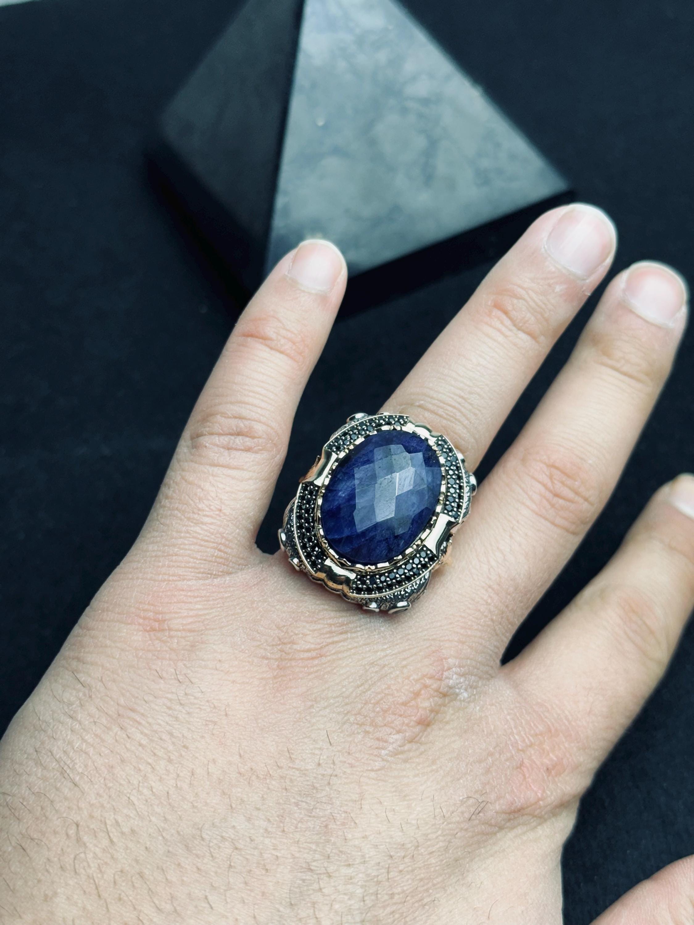 Men's Sterling Silver Ring: Oval Lapis Lazuli - Lion Design