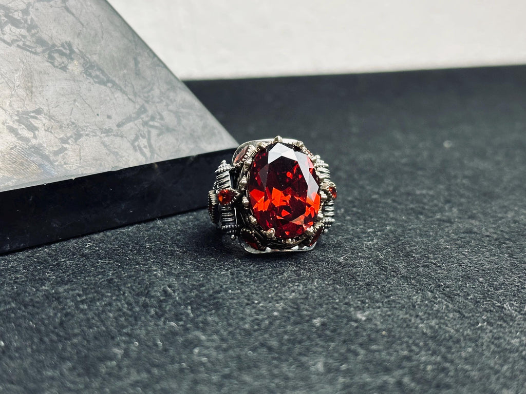Ruby Signet Ring: Sterling Silver Artisan Design - Zircon Detail