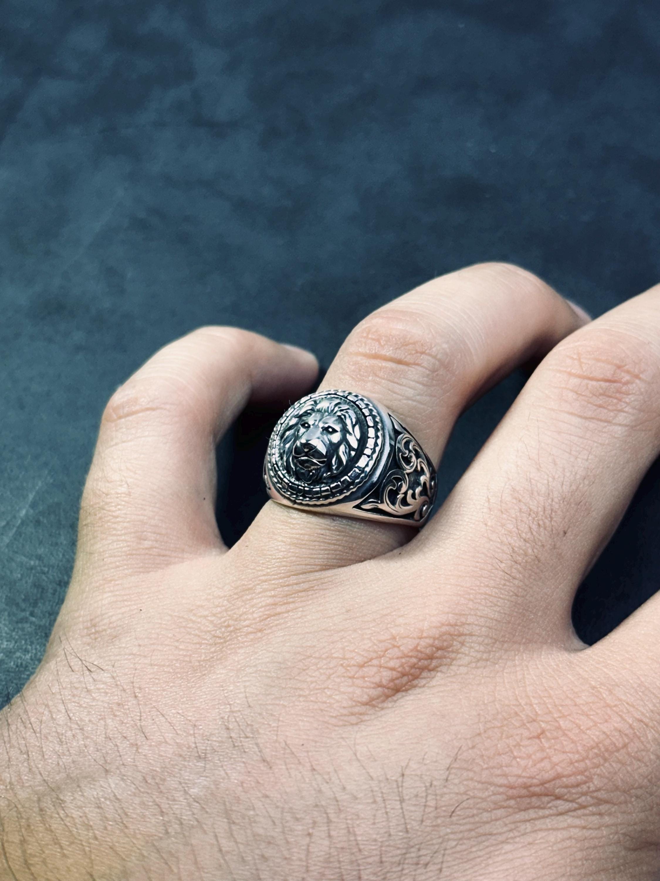 Engraved Lion Ring: Handmade Sterling Silver, Zodiac Leo Design