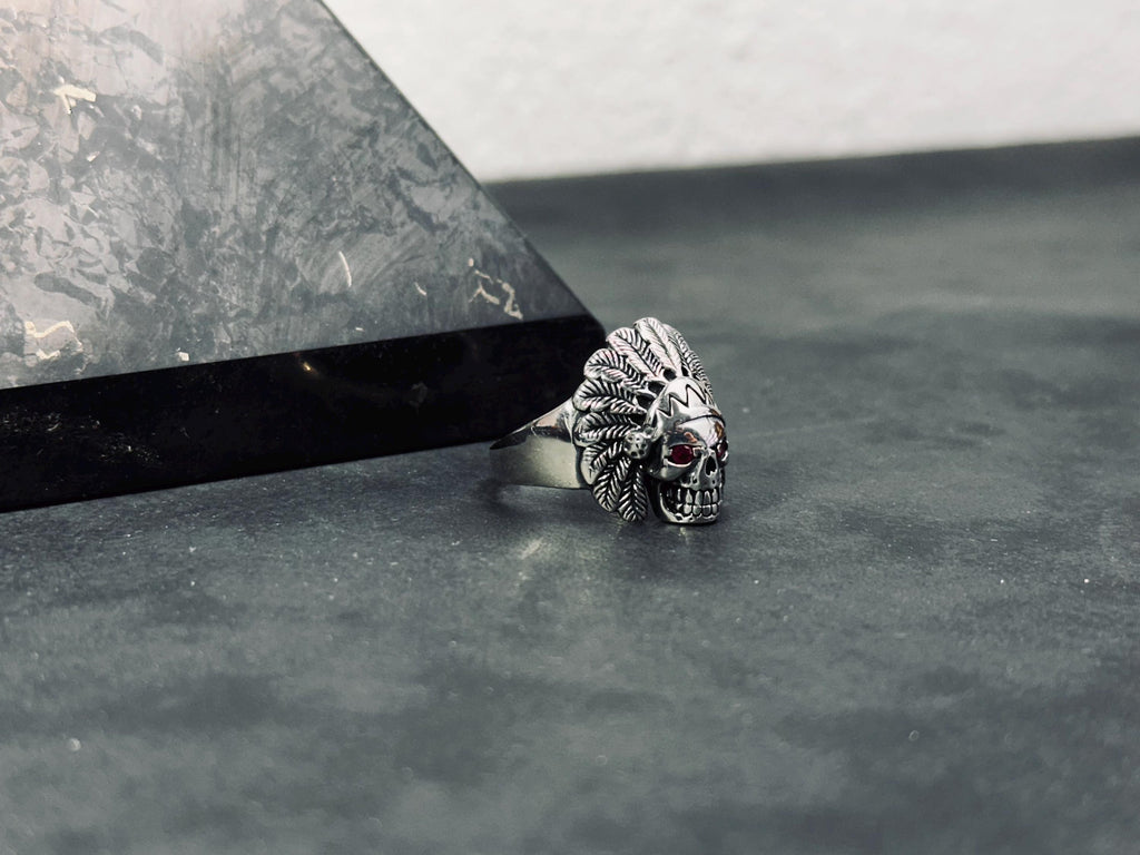 Indian Chief Skull Ring: Sterling Silver with Cubic Zirconia - Men's Jewelry