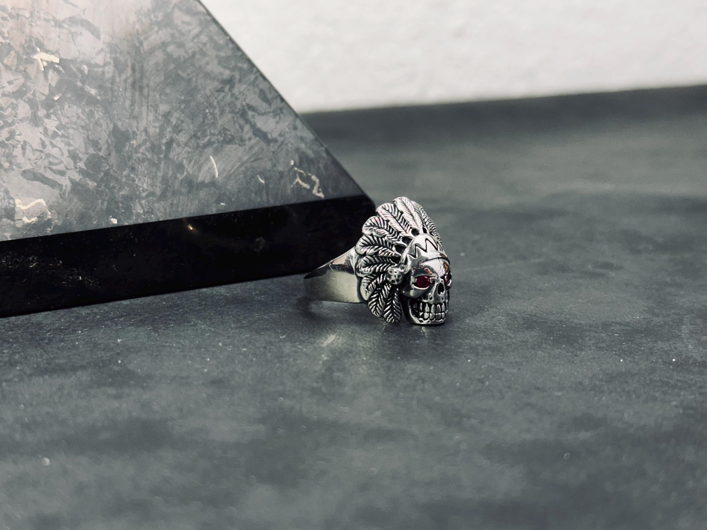 Indian Chief Skull Ring: Sterling Silver with Cubic Zirconia - Men's Jewelry