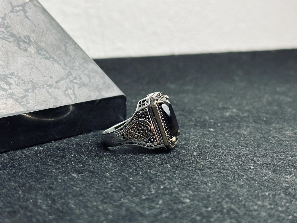 Signet Ring for Men: Black Zircon Stone - Sterling Silver