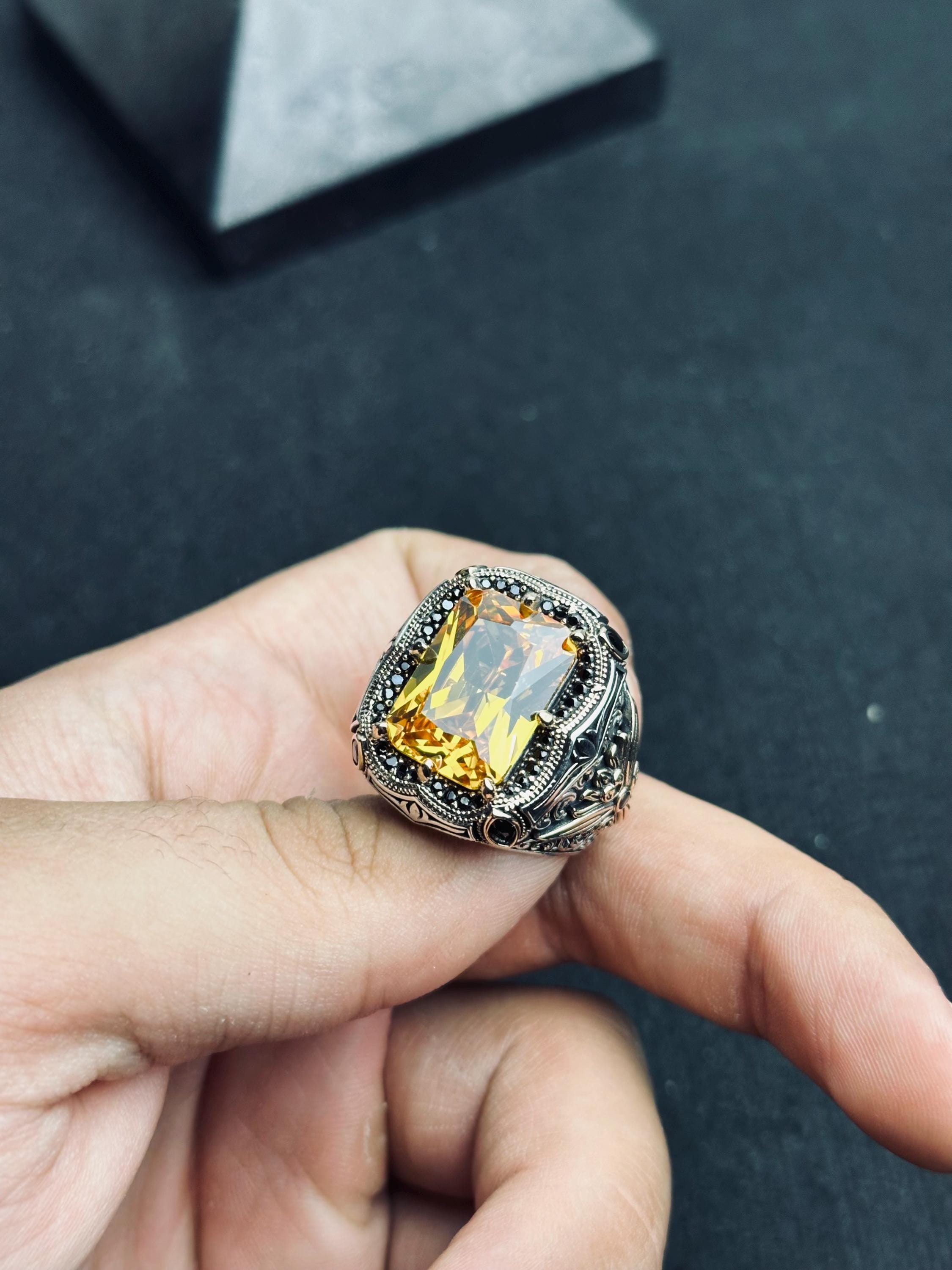 Men's Citrine Ring, Square Cut Stone, Sterling Silver (Handmade)