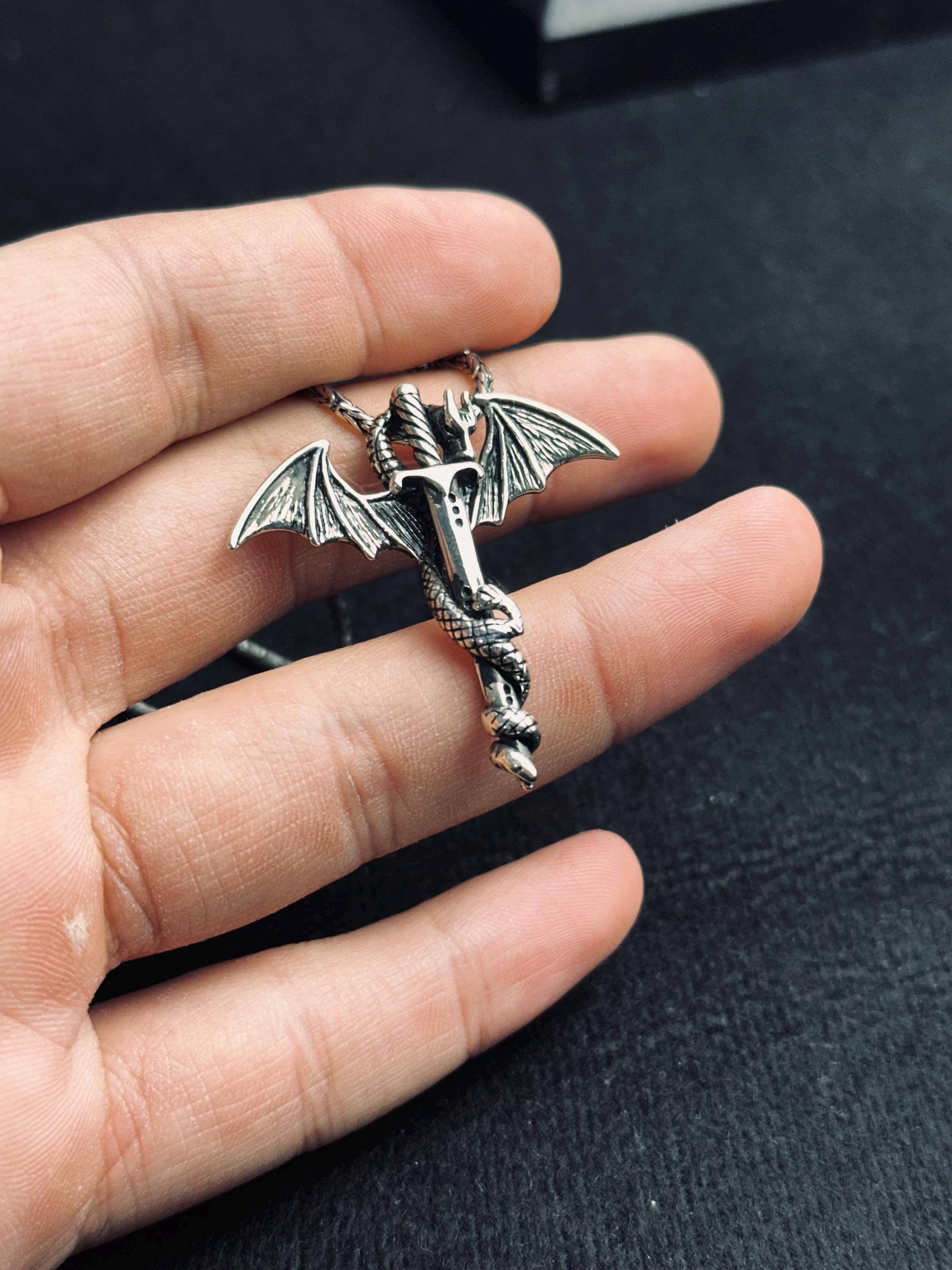 Bat Wing Sword Pendant: Gothic Sterling Silver Necklace