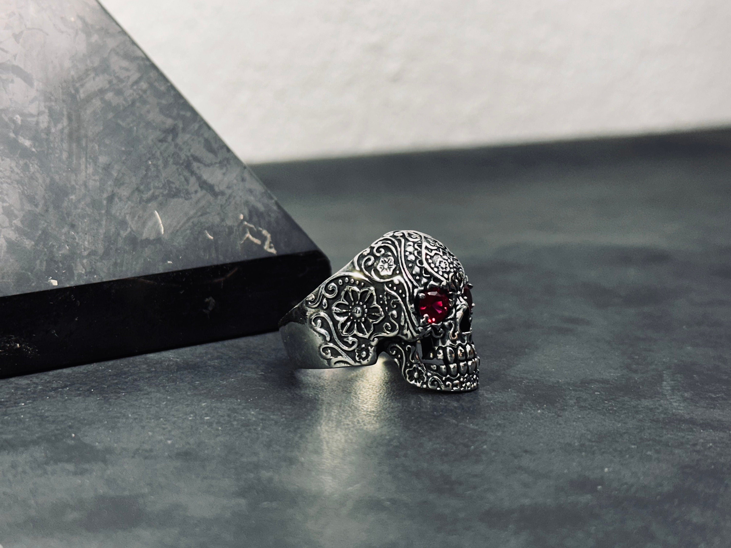 Engraved Skull Sterling Silver Ring - Biker Style with Cubic Zircon