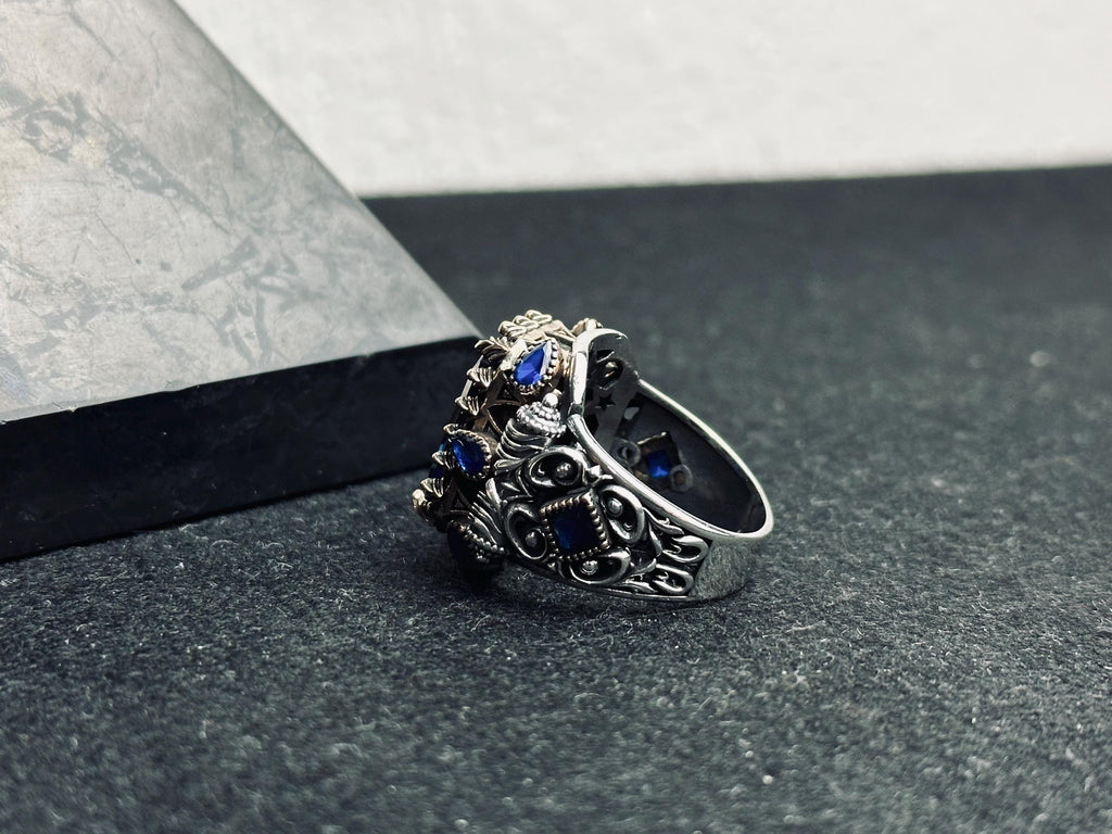 Blue Sapphire Statement Ring: Turkish Handmade Silver (Square Cut)