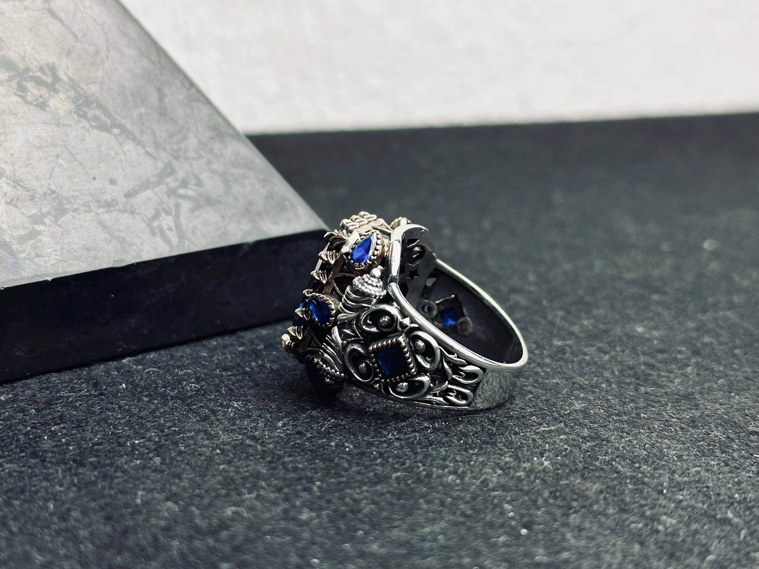 Blue Sapphire Statement Ring: Turkish Handmade Silver (Square Cut)