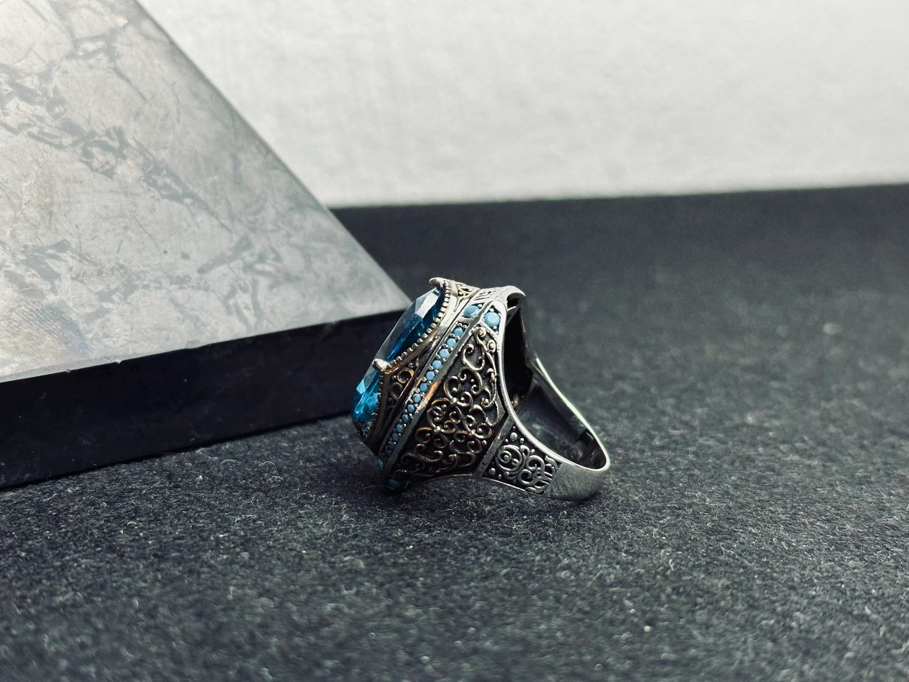 Oval Aquamarine Ring for Men - Bold Vintage Sterling Silver