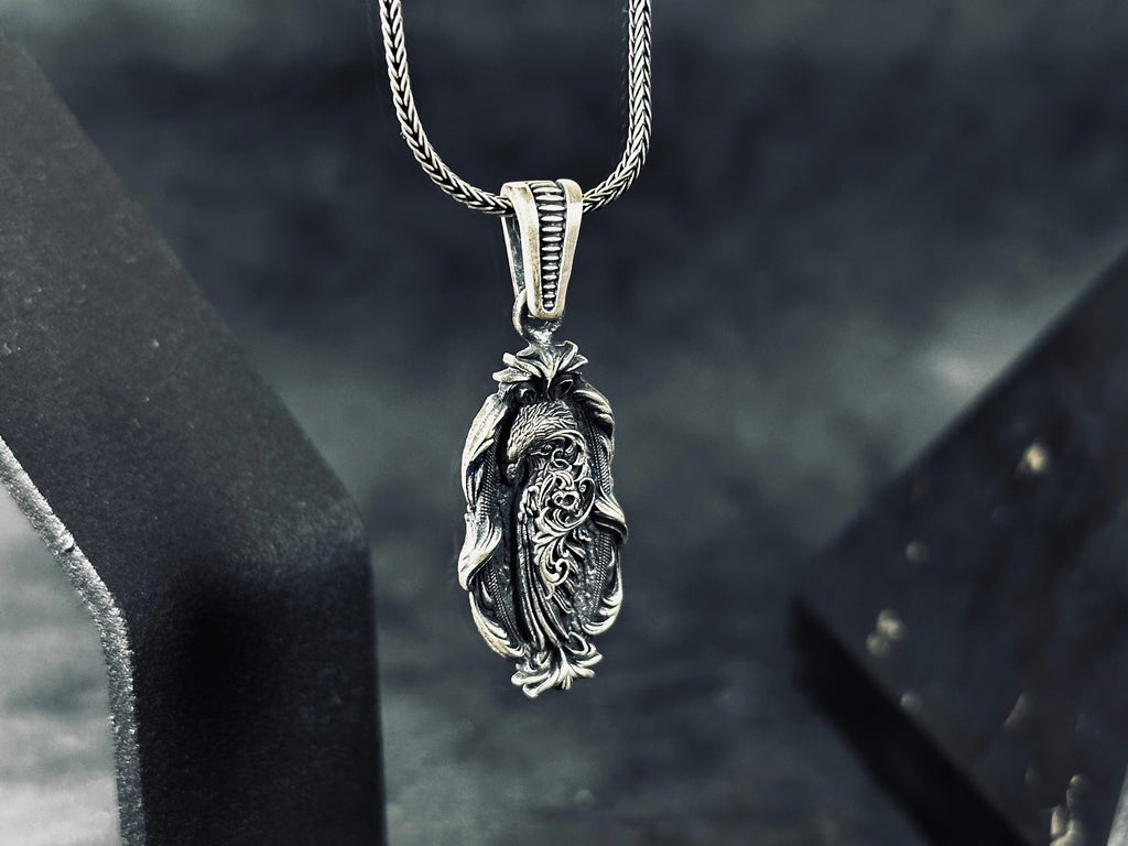 Nature Lover Silver Necklace, Eagle Embroidered Pendant (Adjustable Chain)