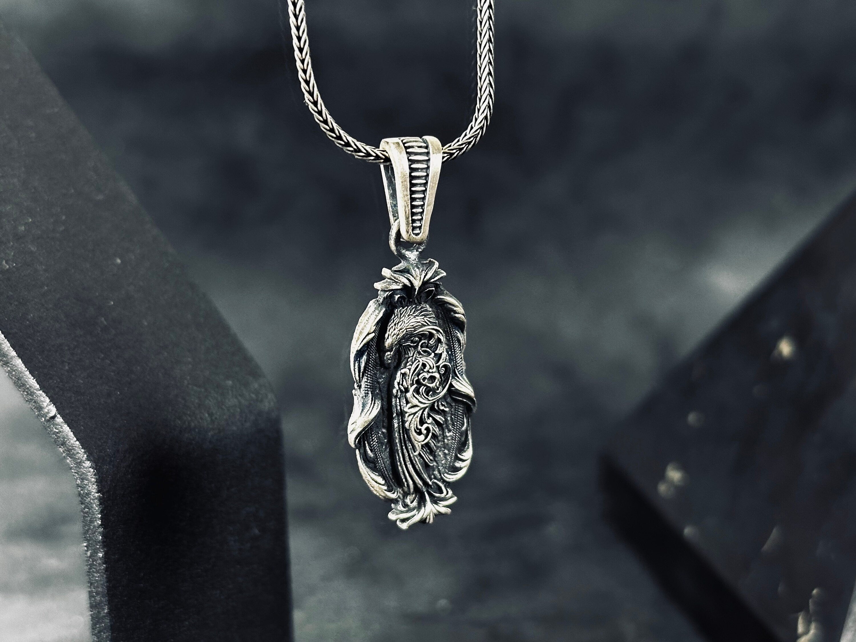 Nature Lover Silver Necklace, Eagle Embroidered Pendant (Adjustable Chain)