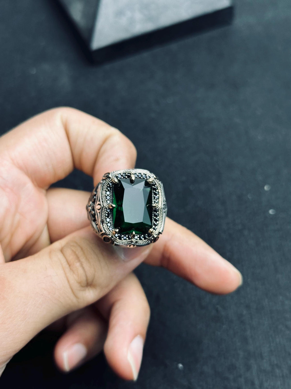 Emerald Men's Ring - Bold Handmade 925 Sterling Silver Turkish Style