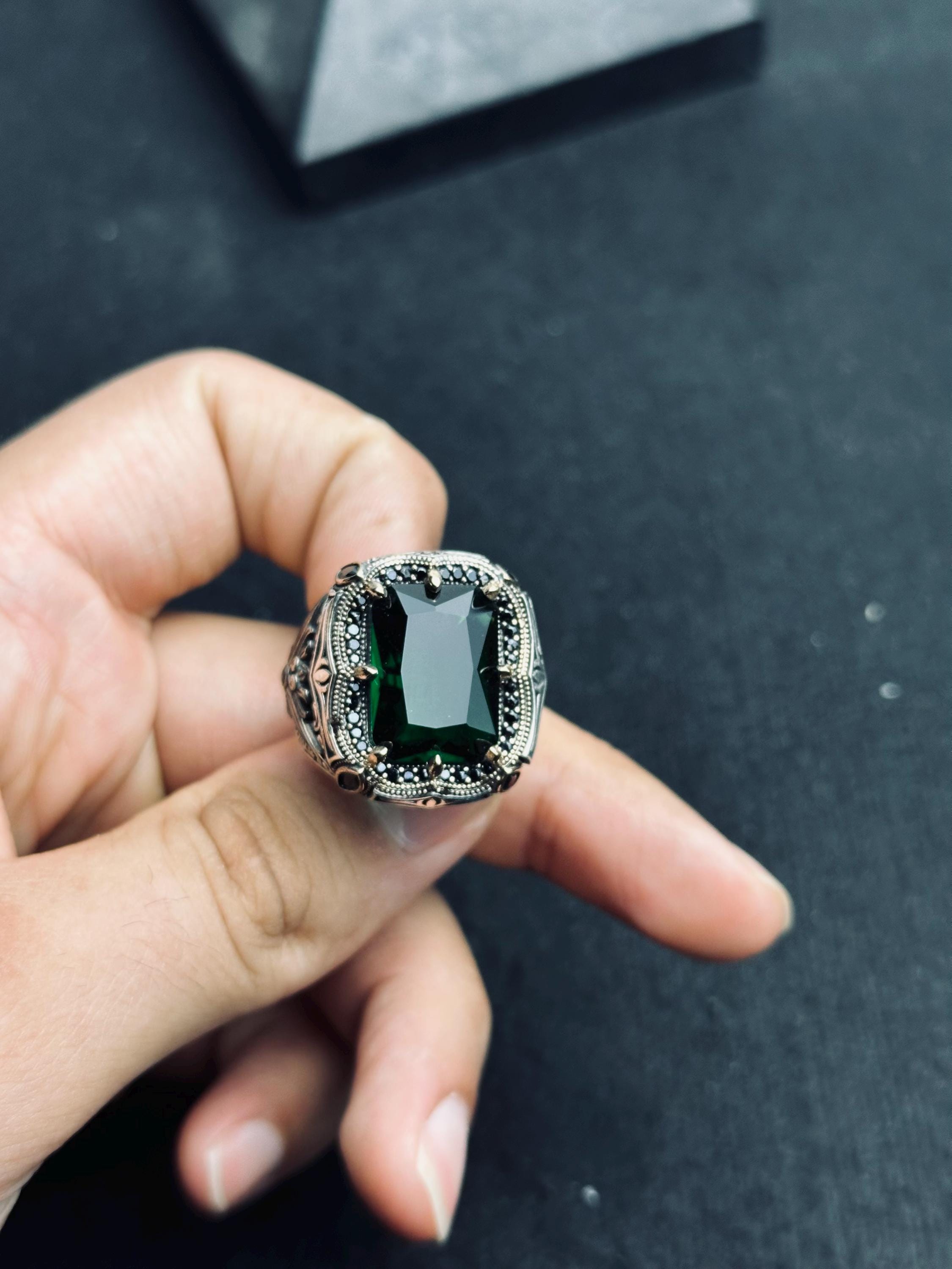 Emerald Men's Ring - Bold Handmade 925 Sterling Silver Turkish Style
