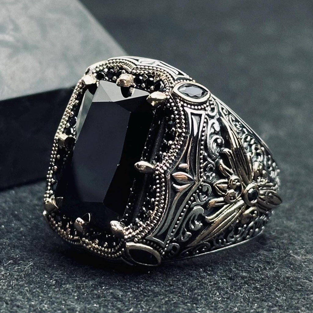 Black Zircon Men's Ring: Handmade Sterling Silver Ottoman Style